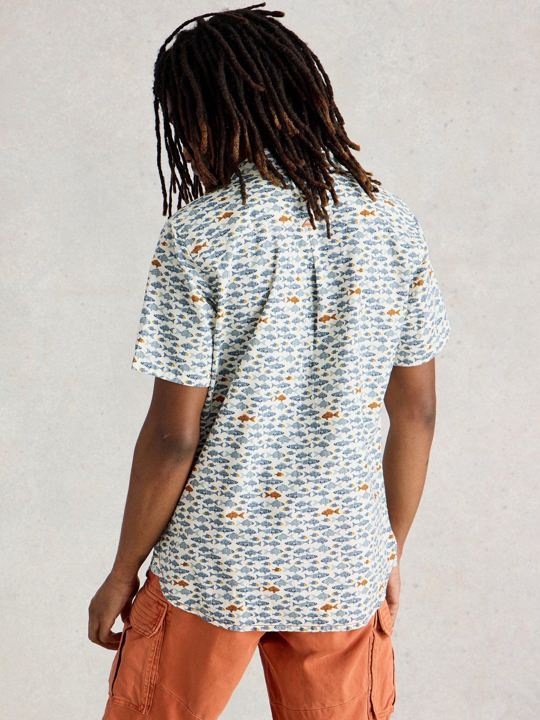 Product image 2 of 6, which shows White Stuff Hayle Organic Cotton Regular Fit Fish Print Shirt, White/Multi, XXS