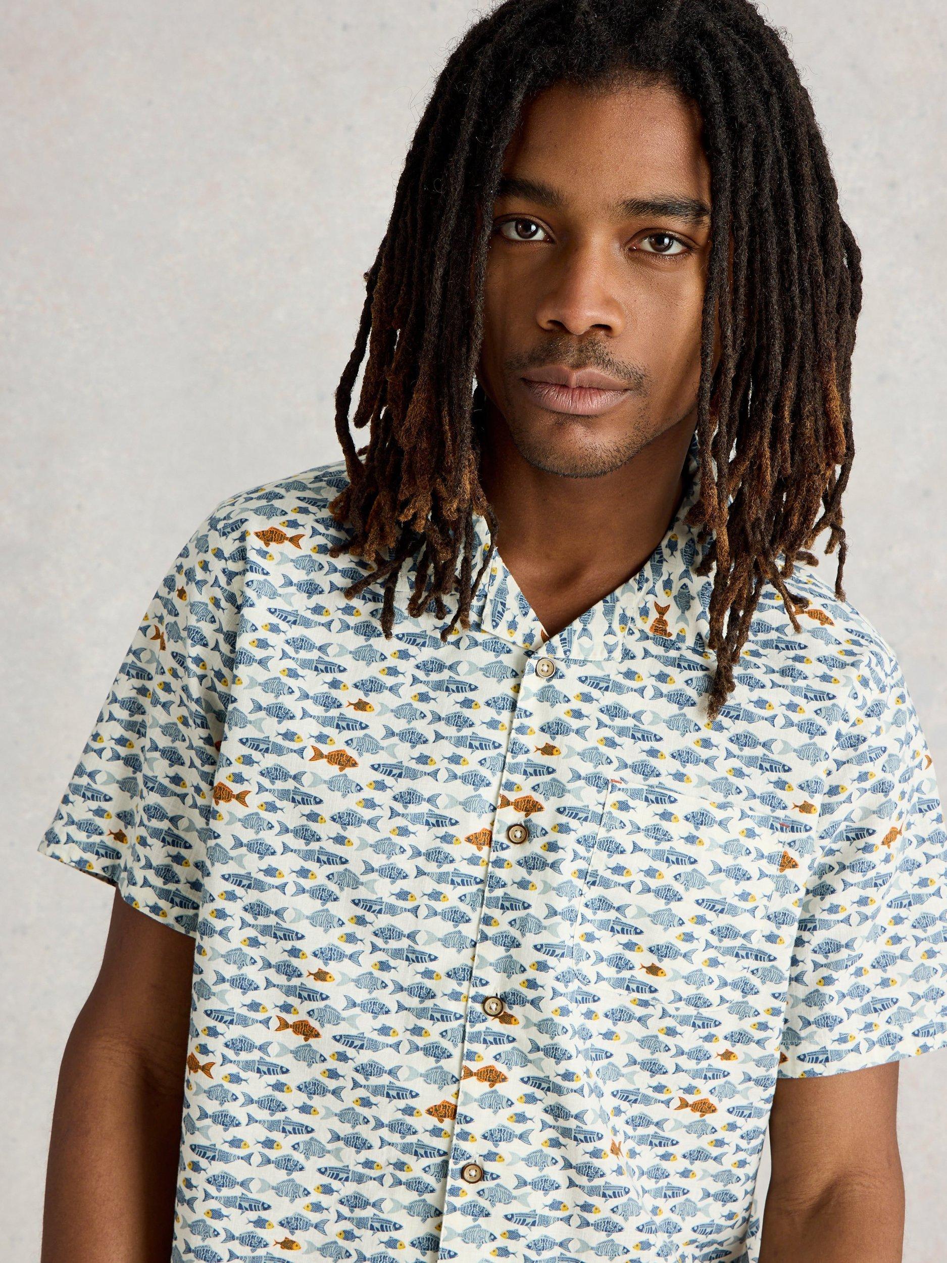 Product image 3 of 6, which shows White Stuff Hayle Organic Cotton Regular Fit Fish Print Shirt, White/Multi, XXS