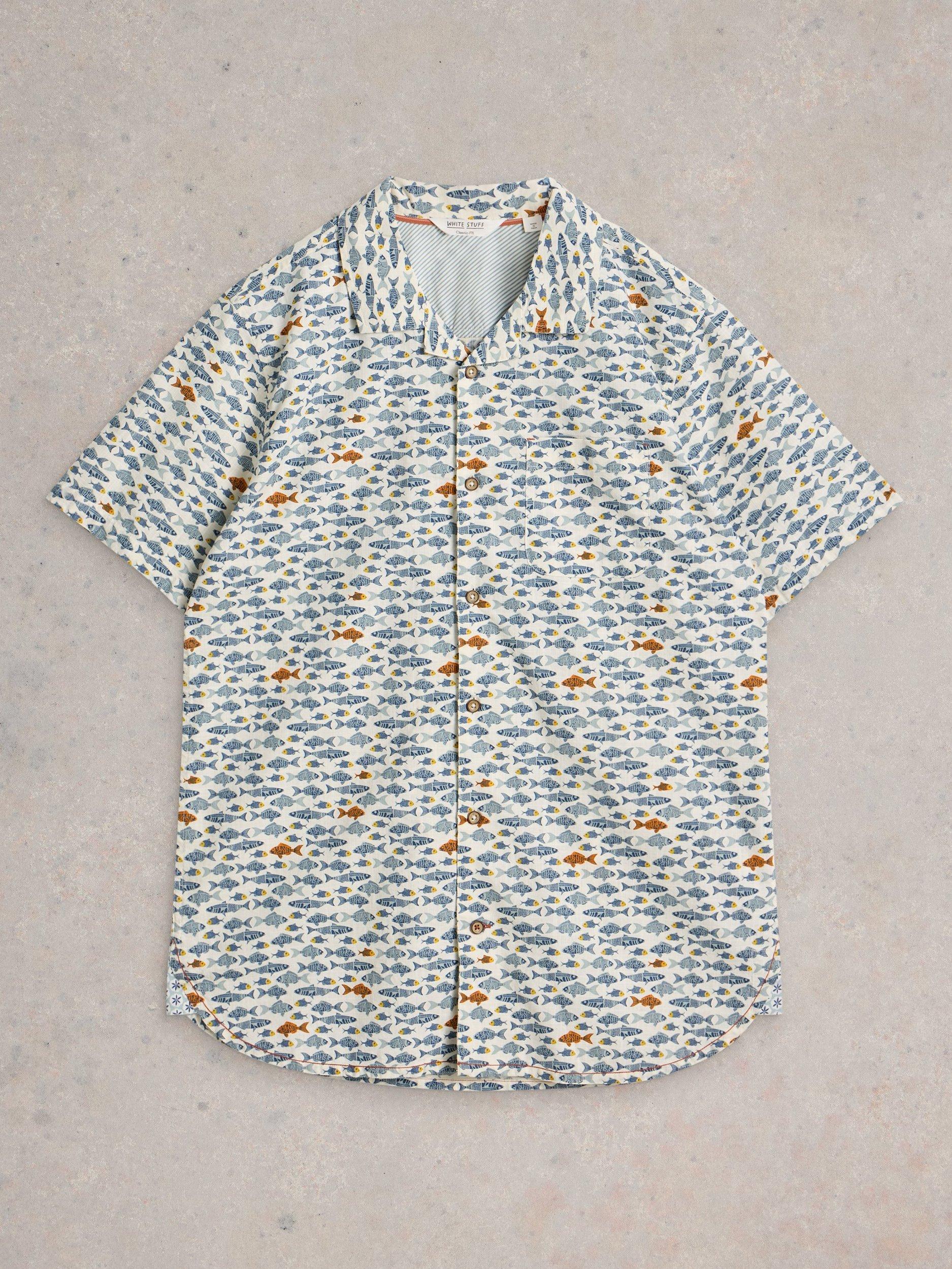 Product image 5 of 6, which shows White Stuff Hayle Organic Cotton Regular Fit Fish Print Shirt, White/Multi, XXS