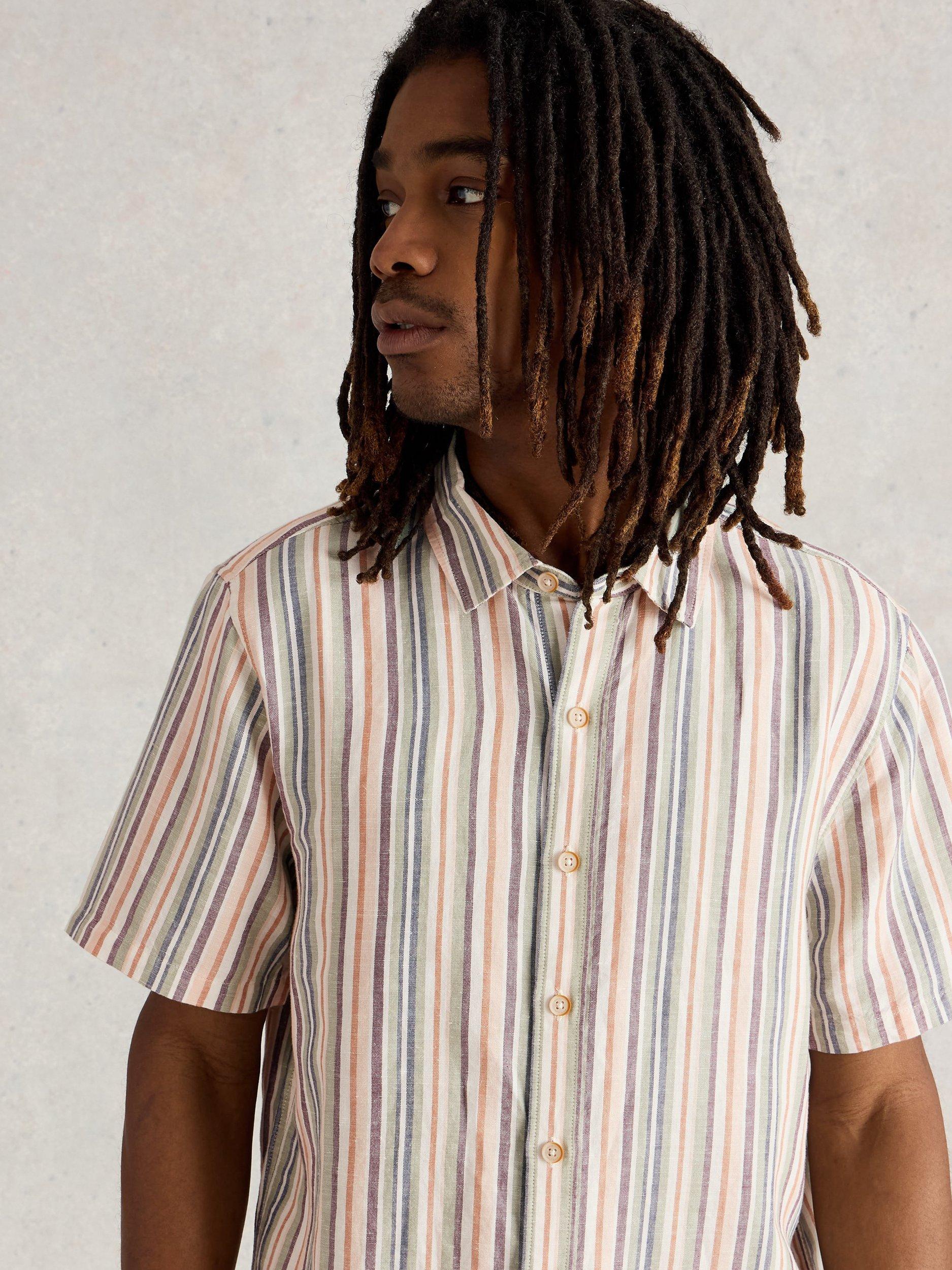 Product image 3 of 6, which shows White Stuff Keswick Linen Blend Regular Fit Stripe Shirt, Green/Multi, XS