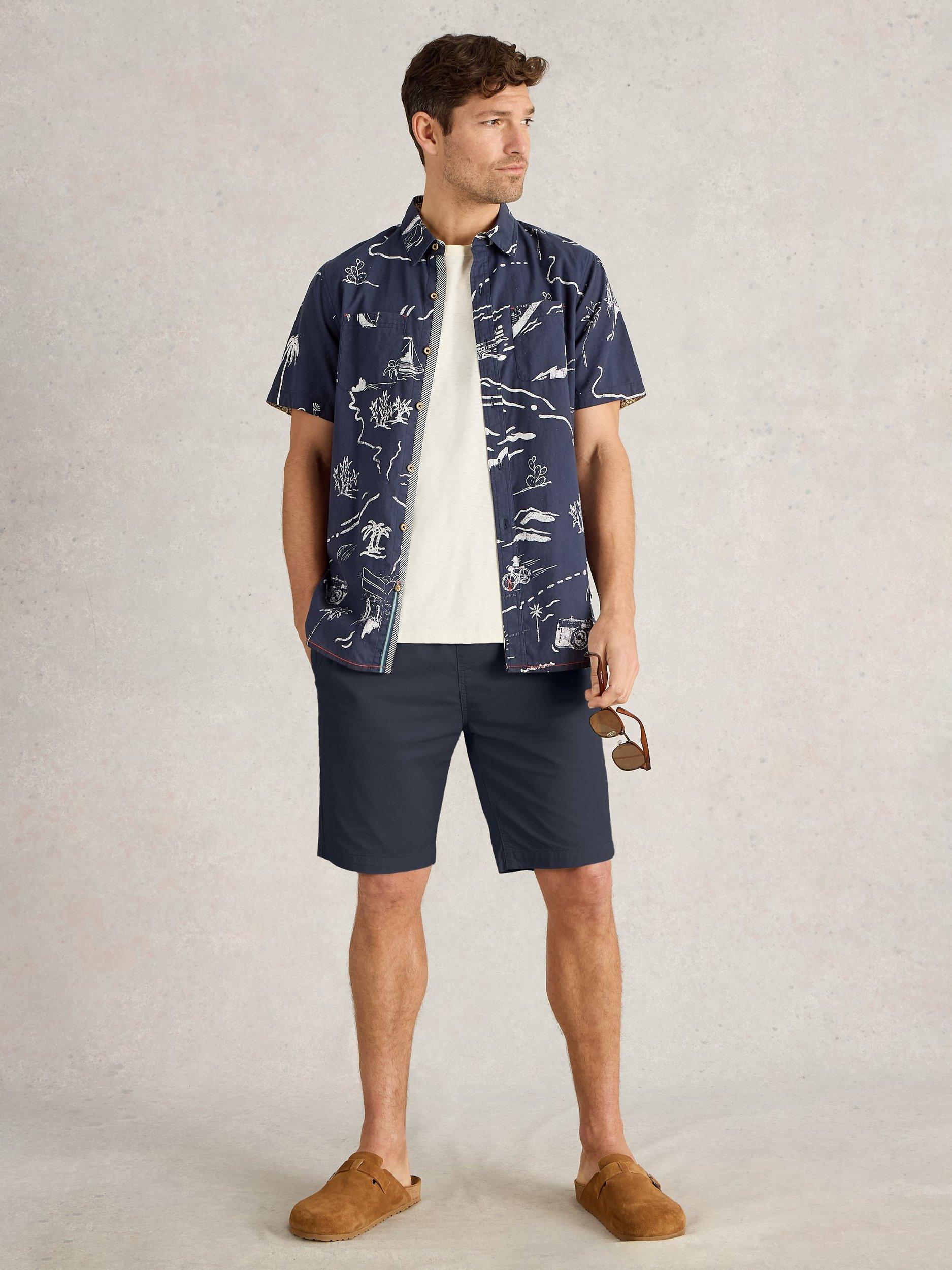Product image 1 of 6, which shows White Stuff Linen Blend Regular Fit Map Print Shirt, Navy Blue, S
