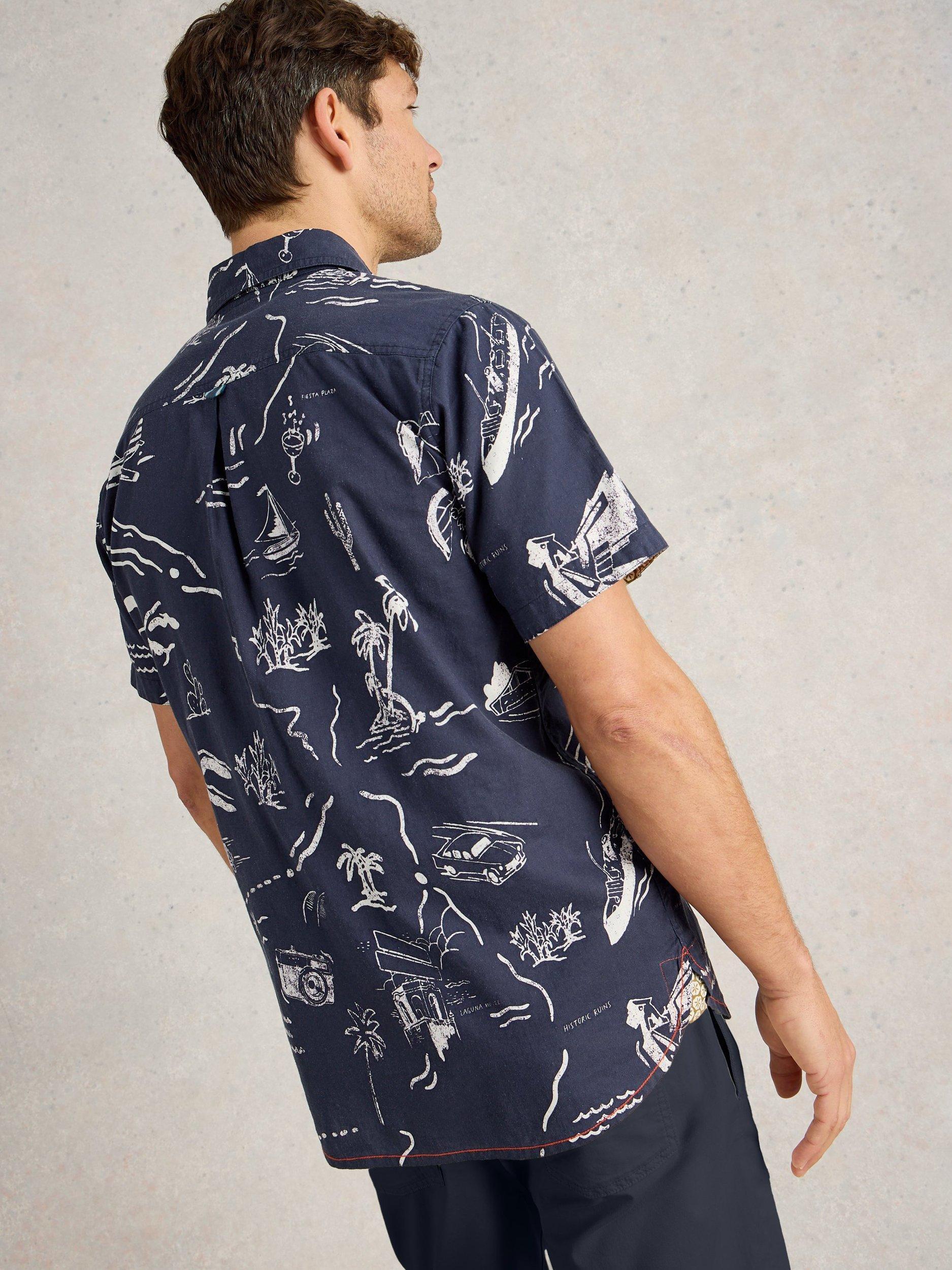 Product image 2 of 6, which shows White Stuff Linen Blend Regular Fit Map Print Shirt, Navy Blue, S