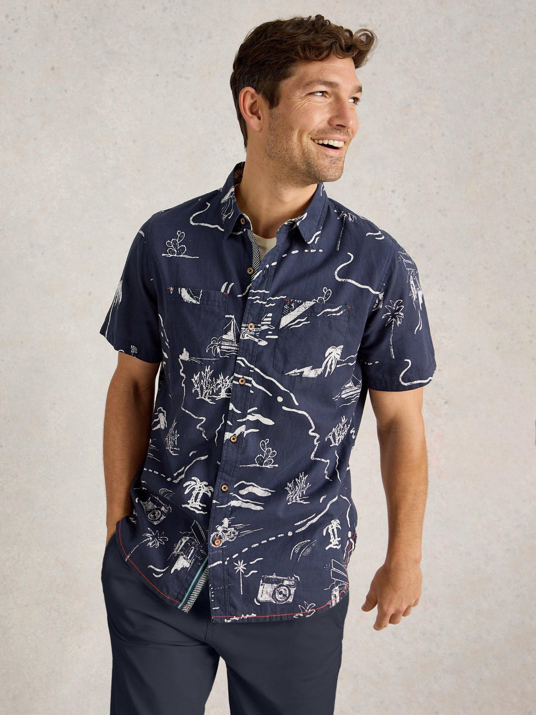Product image 4 of 6, which shows White Stuff Linen Blend Regular Fit Map Print Shirt, Navy Blue, S