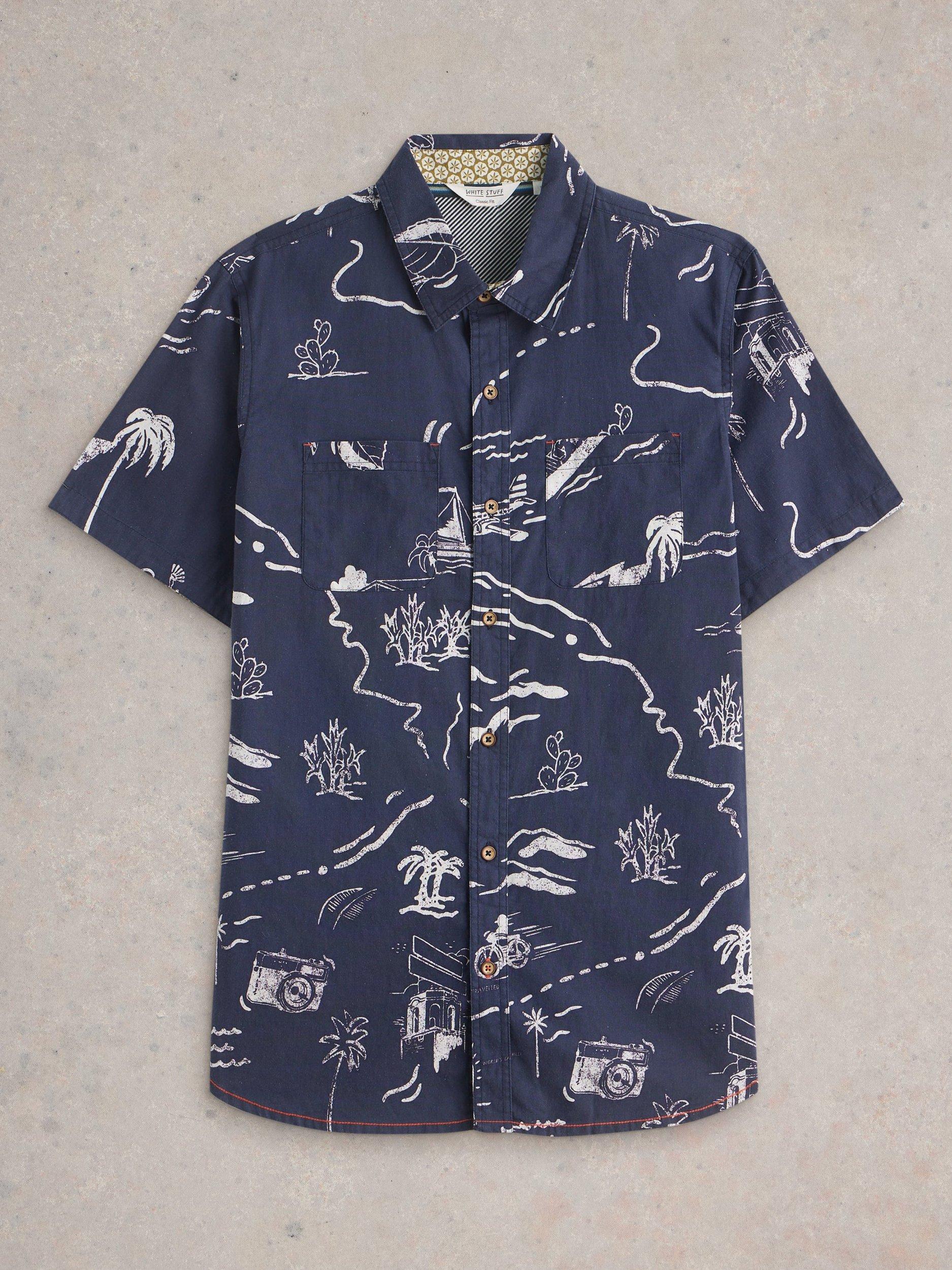 Product image 5 of 6, which shows White Stuff Linen Blend Regular Fit Map Print Shirt, Navy Blue, S