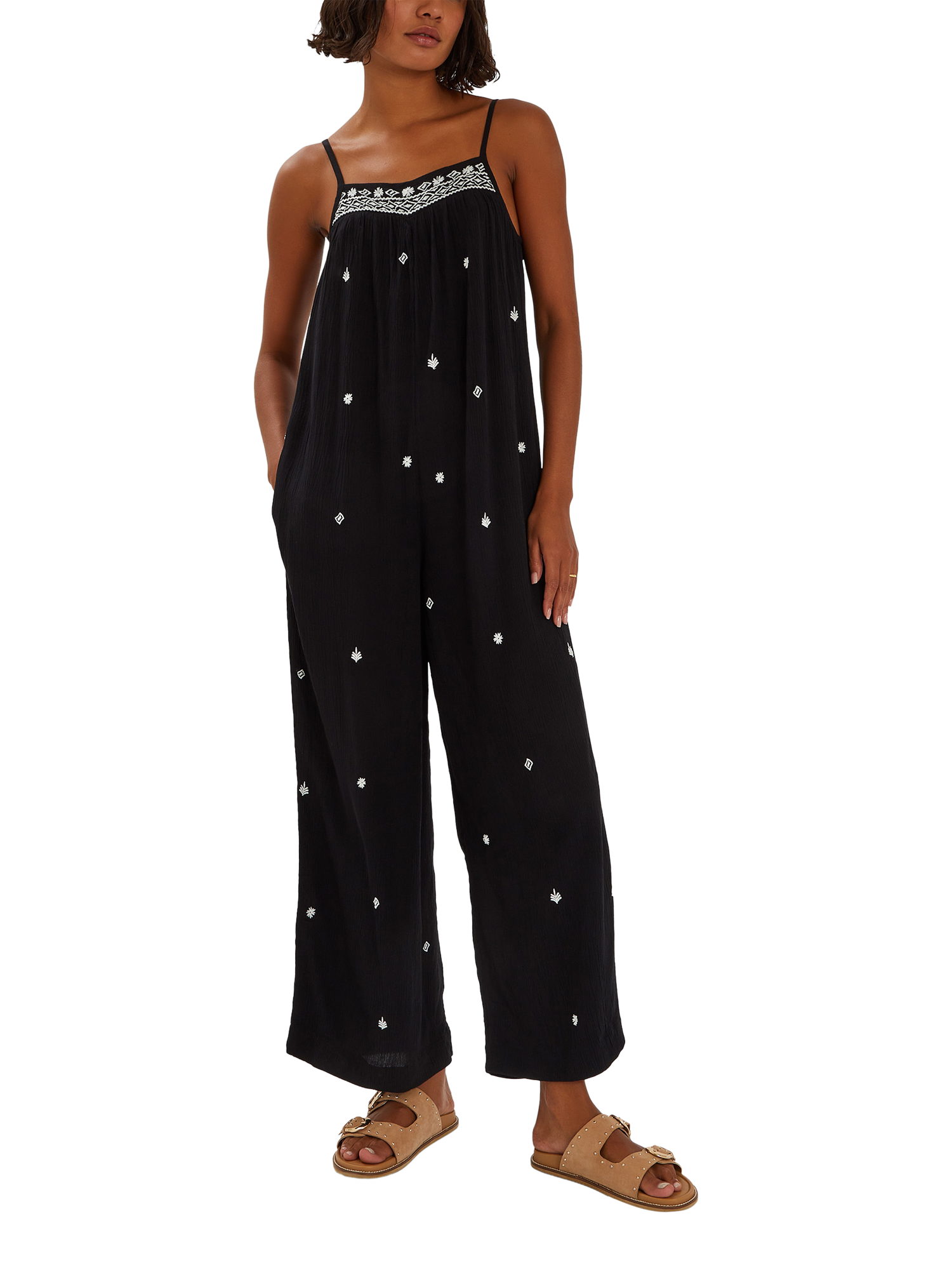 Product image 1 of 4, which shows Accessorize Embroidered Beach Jumpsuit, Black, 6