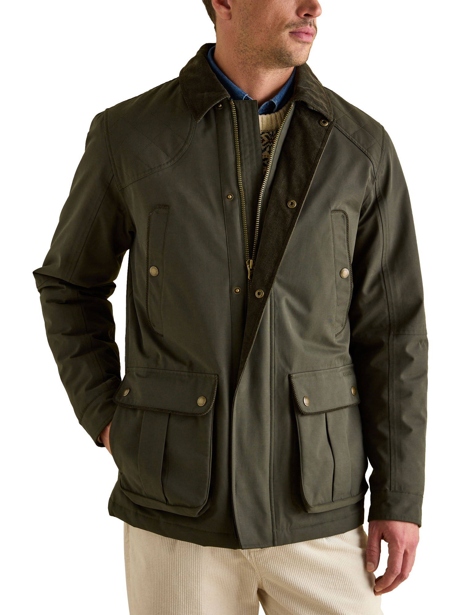 Product image 1 of 9, which shows Joules Waterproof Corduroy Collar Coat , Green, S Reg