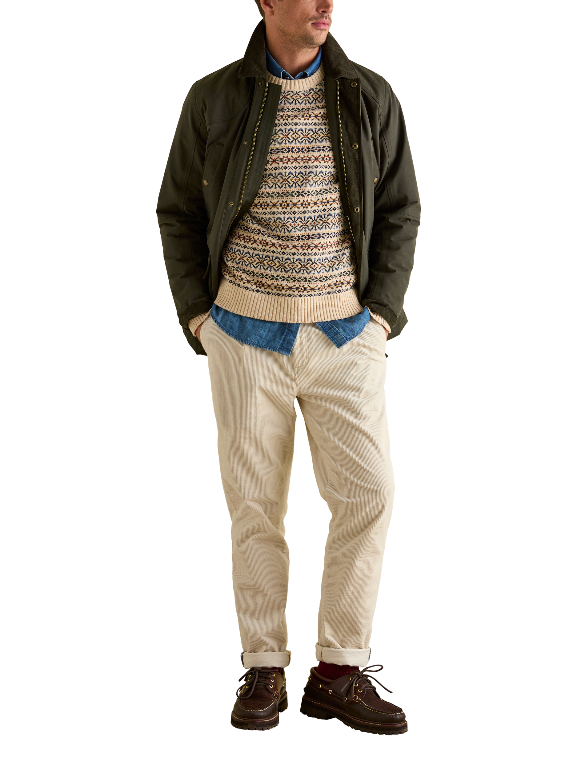 Product image 3 of 9, which shows Joules Waterproof Corduroy Collar Coat , Green, S Reg