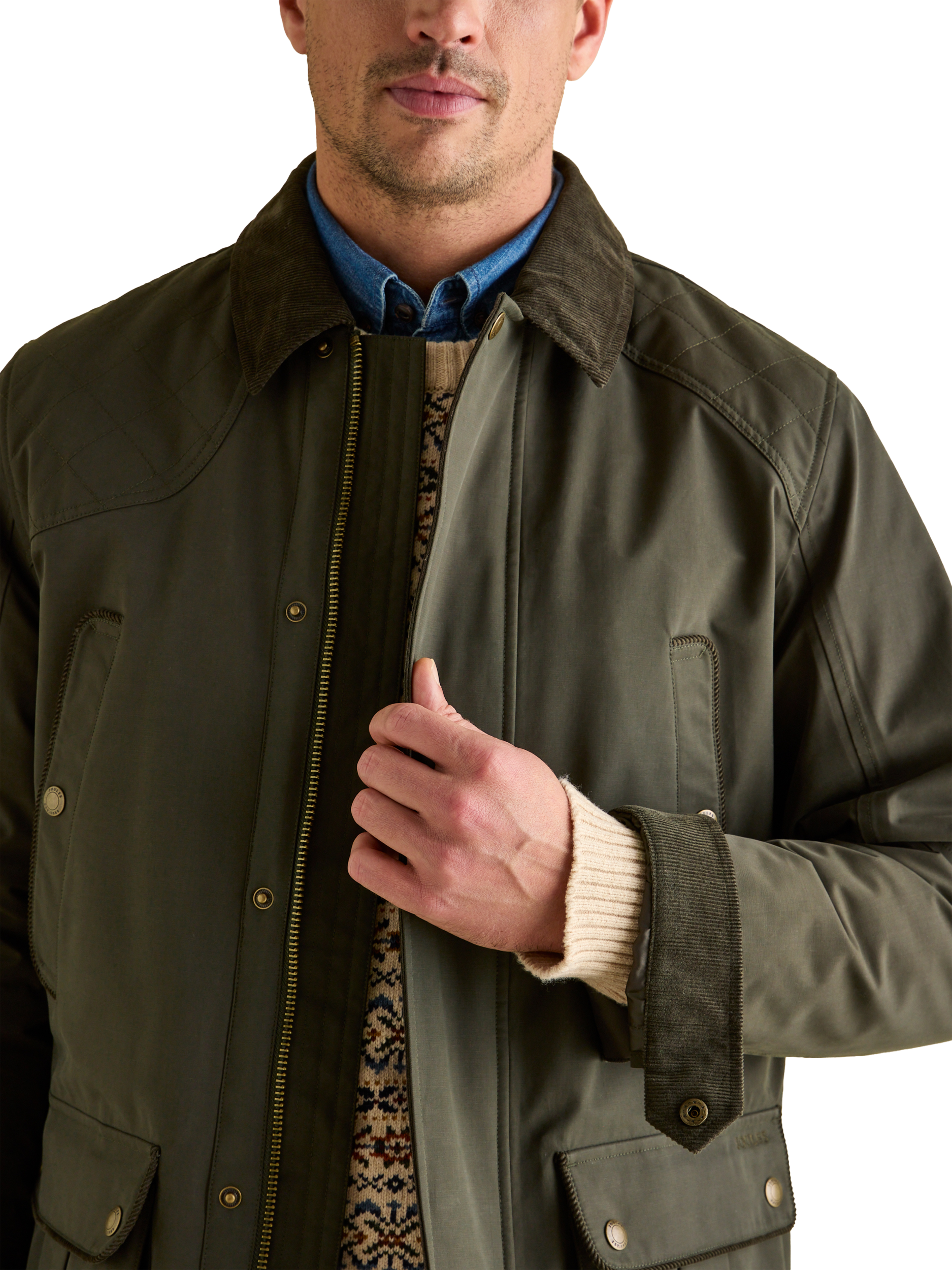 Product image 4 of 9, which shows Joules Waterproof Corduroy Collar Coat , Green, S Reg