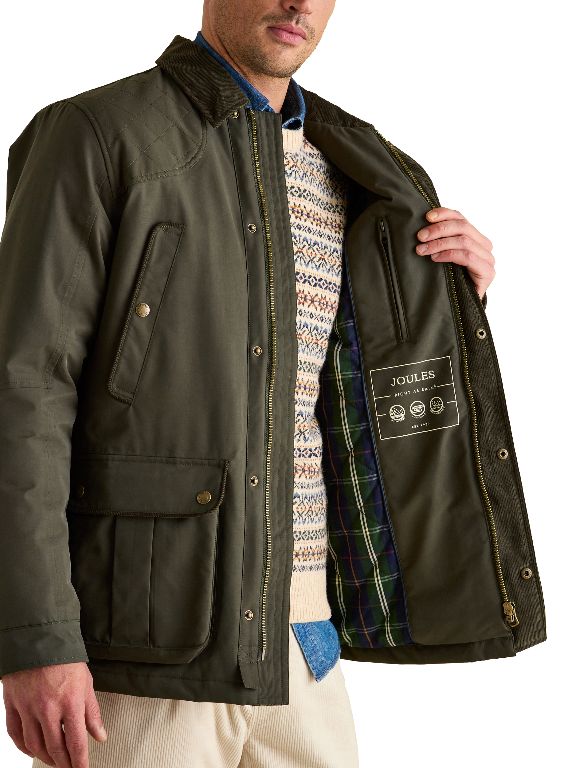 Product image 5 of 9, which shows Joules Waterproof Corduroy Collar Coat , Green, S Reg