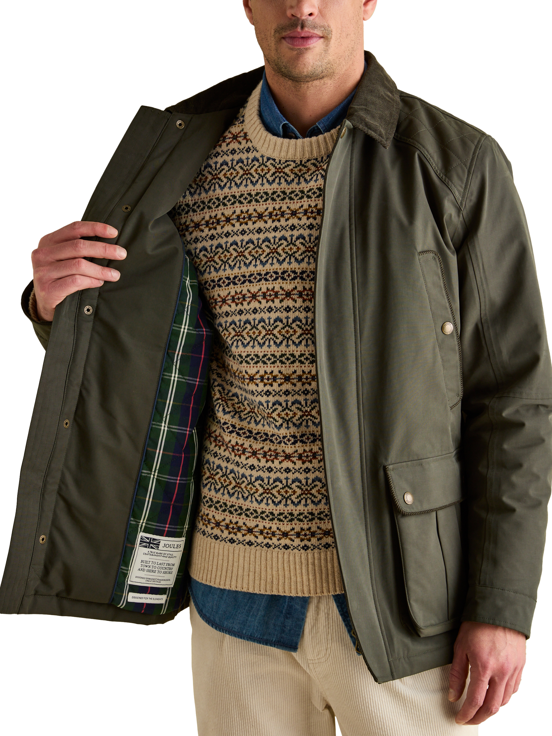 Product image 6 of 9, which shows Joules Waterproof Corduroy Collar Coat , Green, S Reg