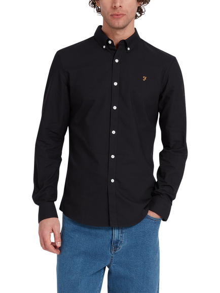 Farah Brewer Cotton Slim Fit Logo Shirt, Black, Black