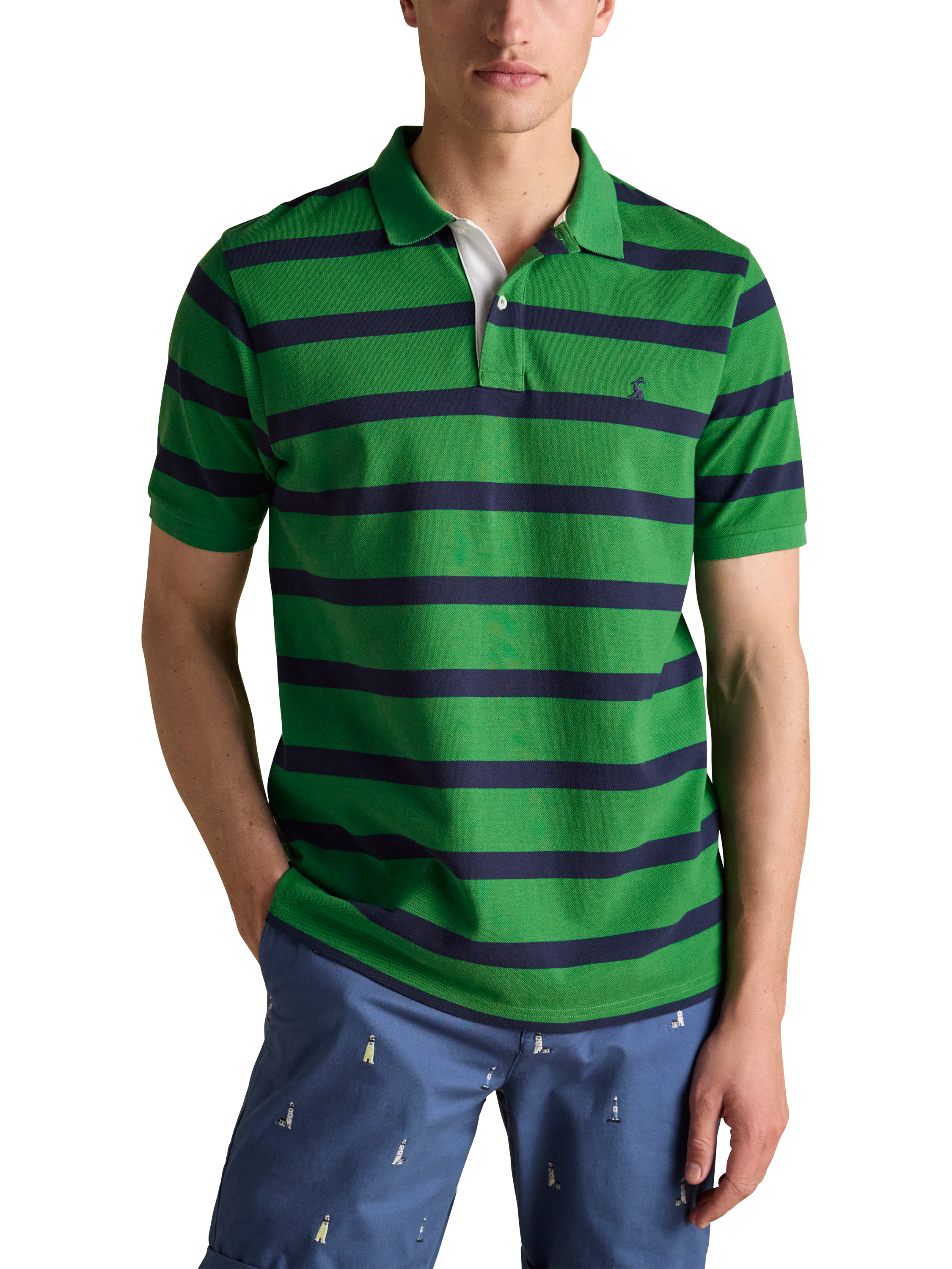 Product image 1 of 8, which shows Joules Stripe Cotton Polo Shirt, Green/Multi, S