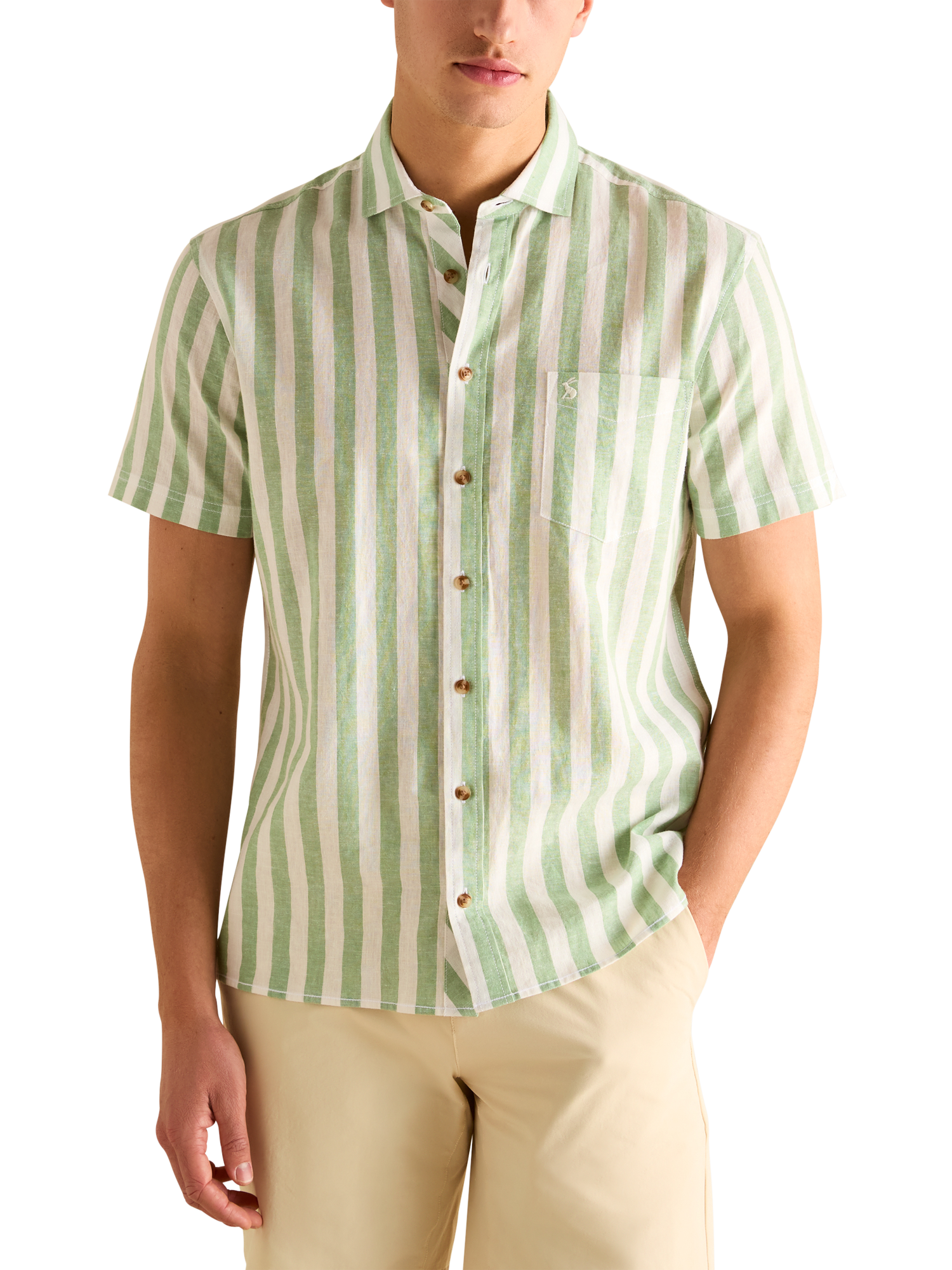 Product image 1 of 6, which shows Joules Linen Blend Stripe Shirt, Green/White, S Reg