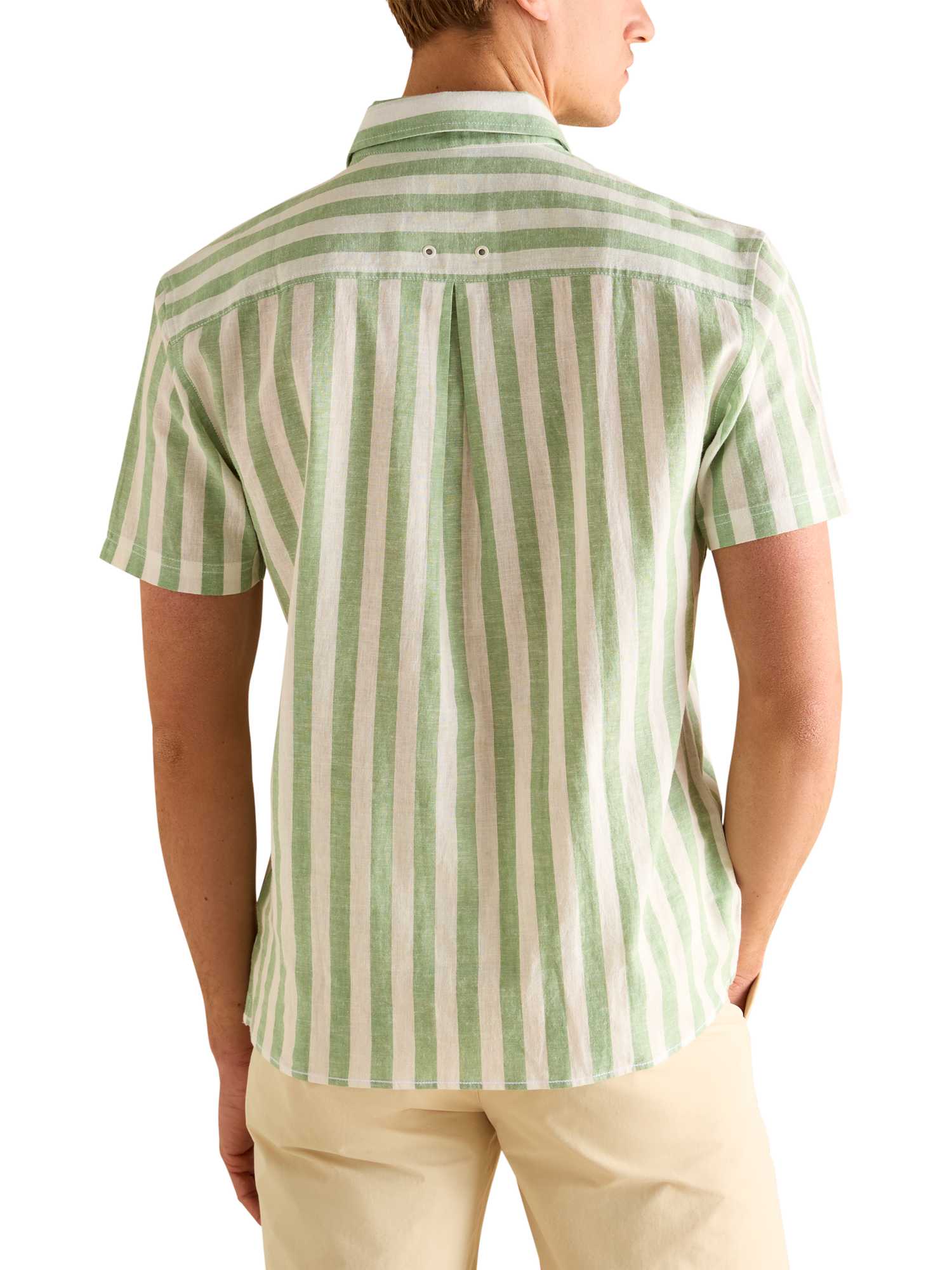 Product image 2 of 6, which shows Joules Linen Blend Stripe Shirt, Green/White, S Reg