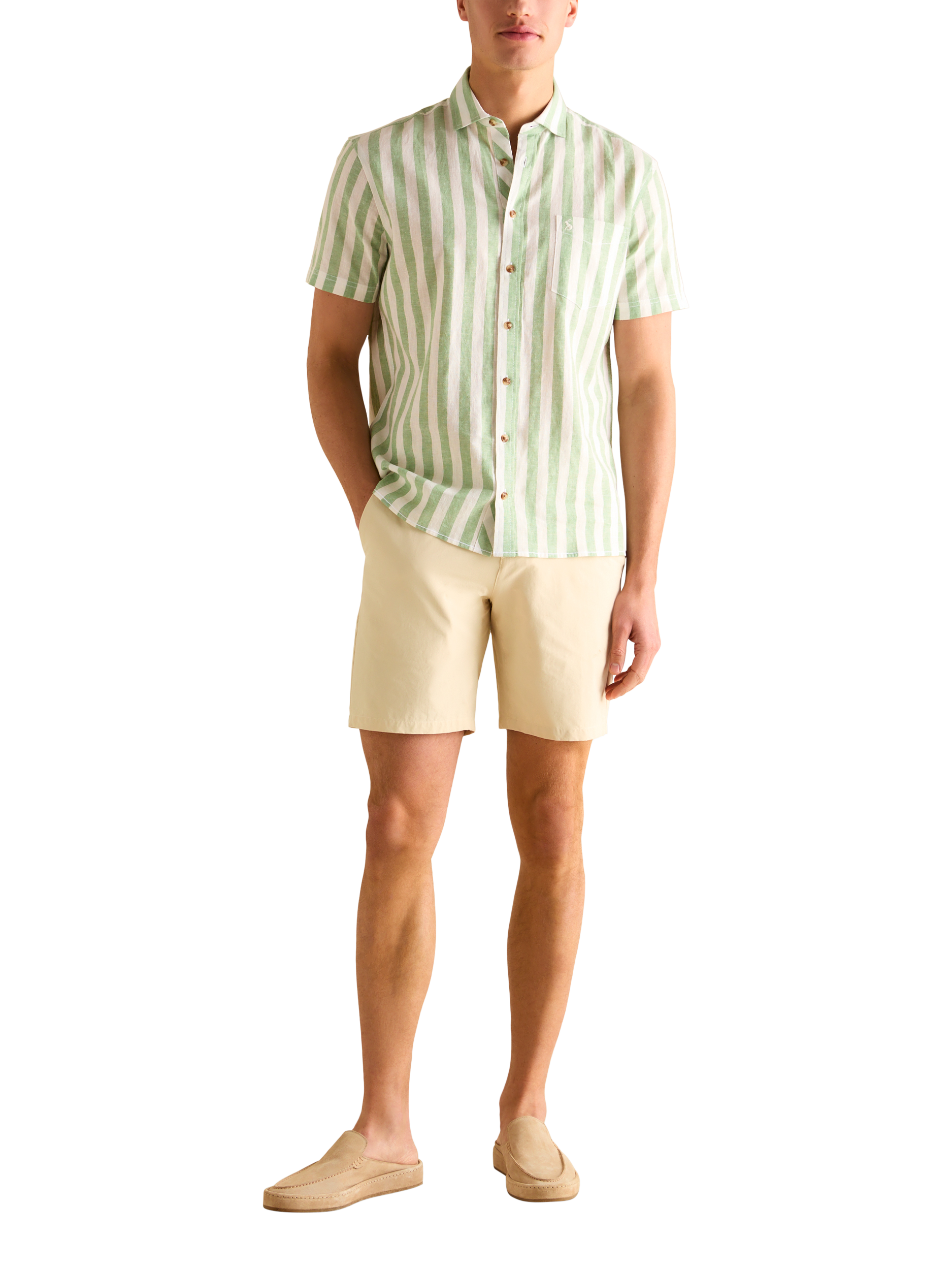 Product image 3 of 6, which shows Joules Linen Blend Stripe Shirt, Green/White, S Reg