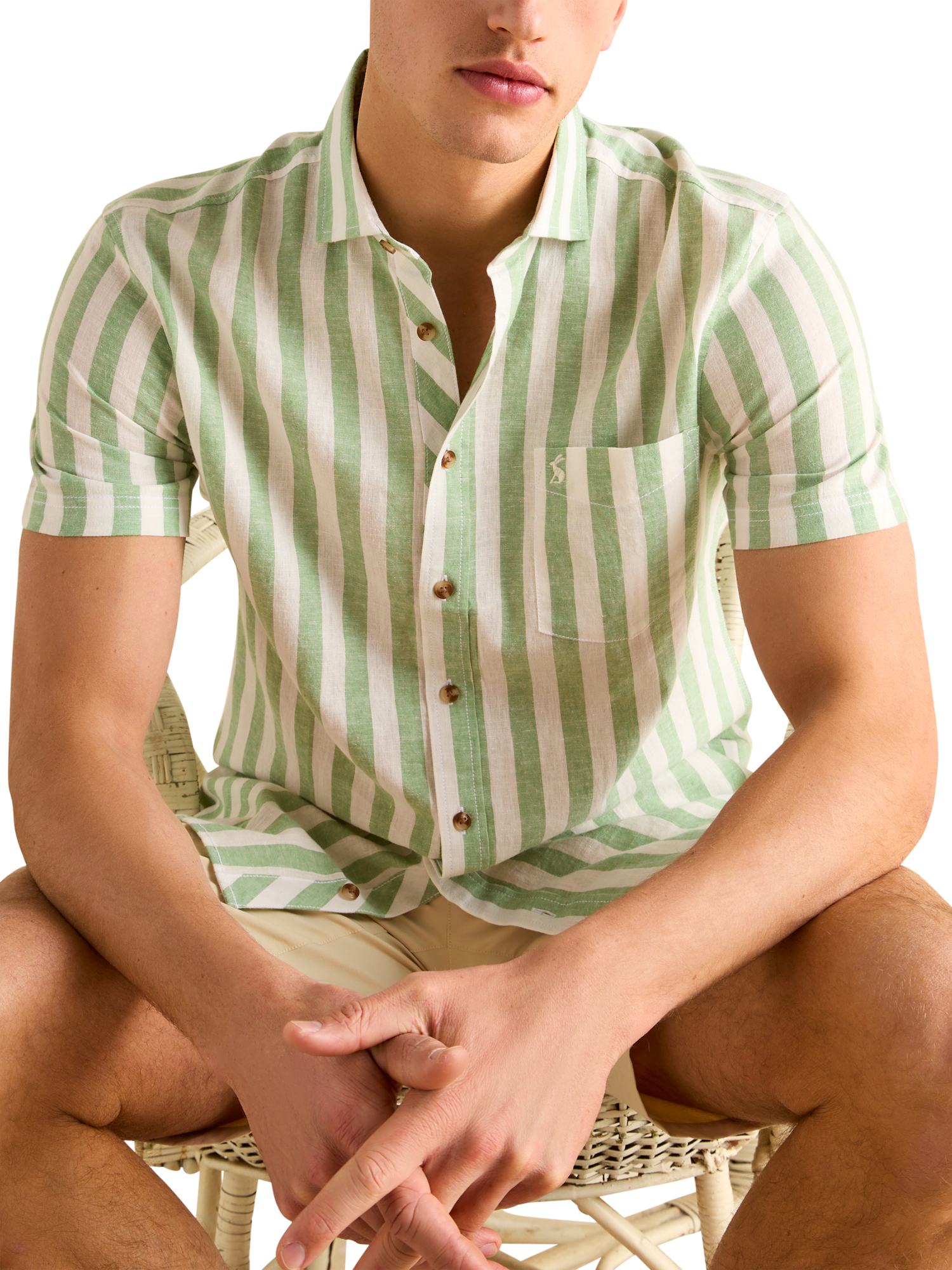 Product image 4 of 6, which shows Joules Linen Blend Stripe Shirt, Green/White, S Reg
