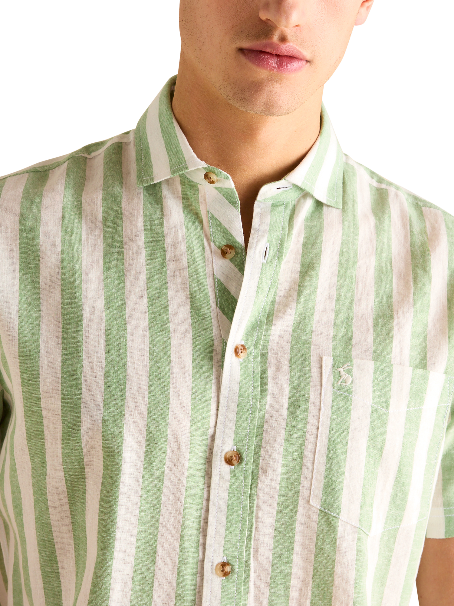 Product image 5 of 6, which shows Joules Linen Blend Stripe Shirt, Green/White, S Reg