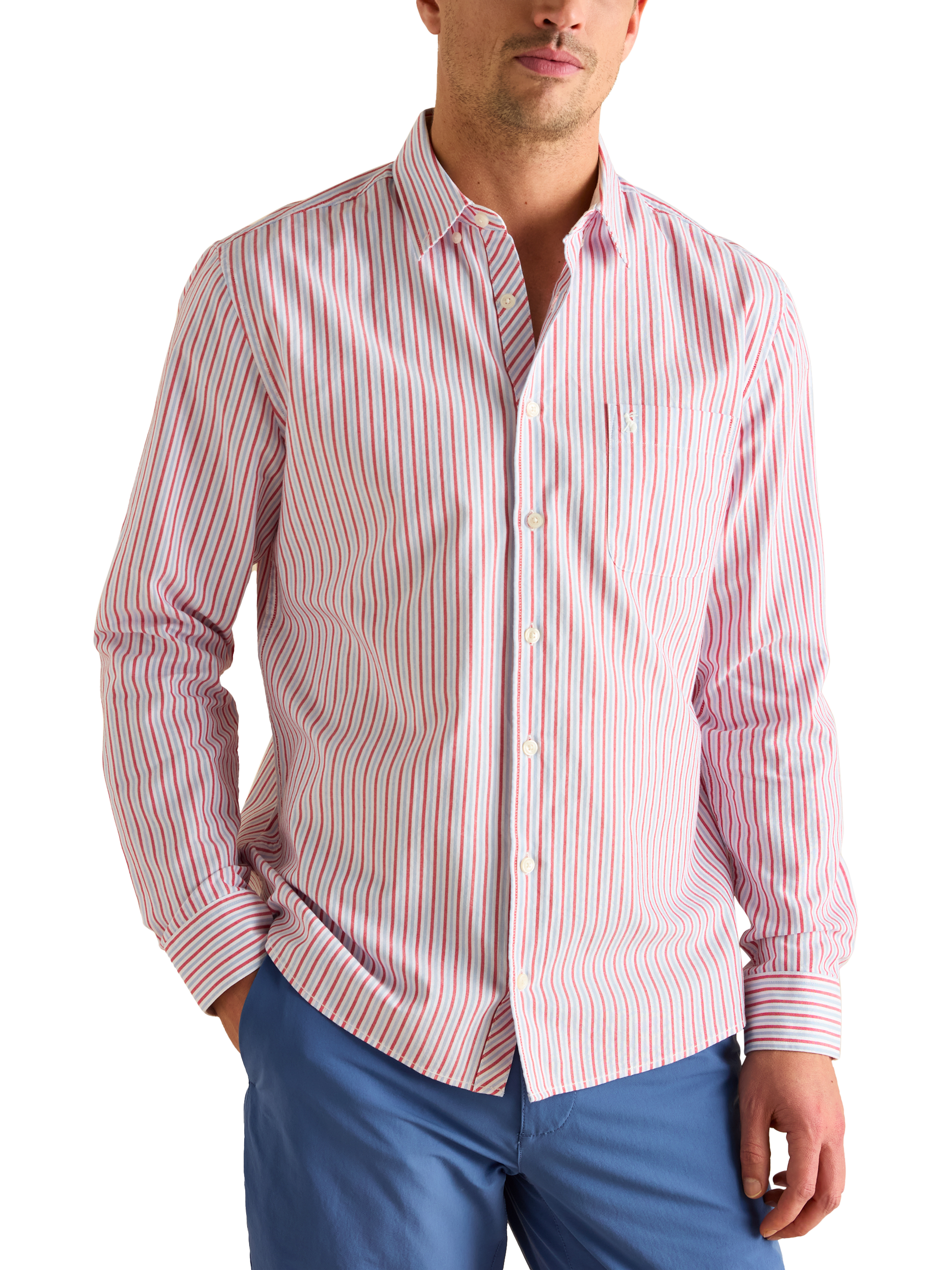 Product image 1 of 8, which shows Joules Classic Fit Striped Cotton Shirt, Red/Multi, S Reg