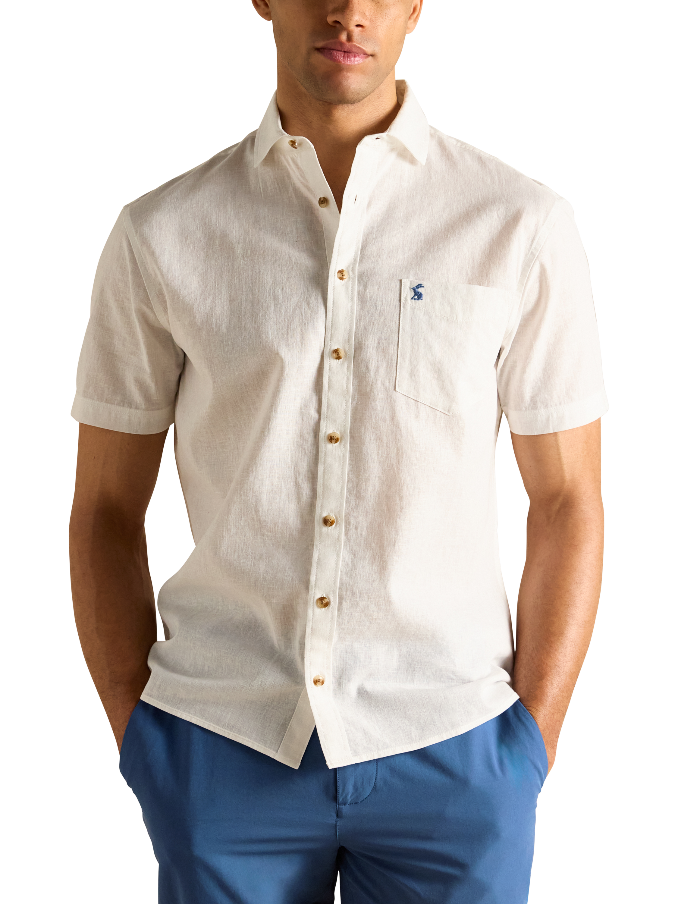 Product image 1 of 7, which shows Joules Linen-Cotton Short Sleeve Shirt, White, S Reg