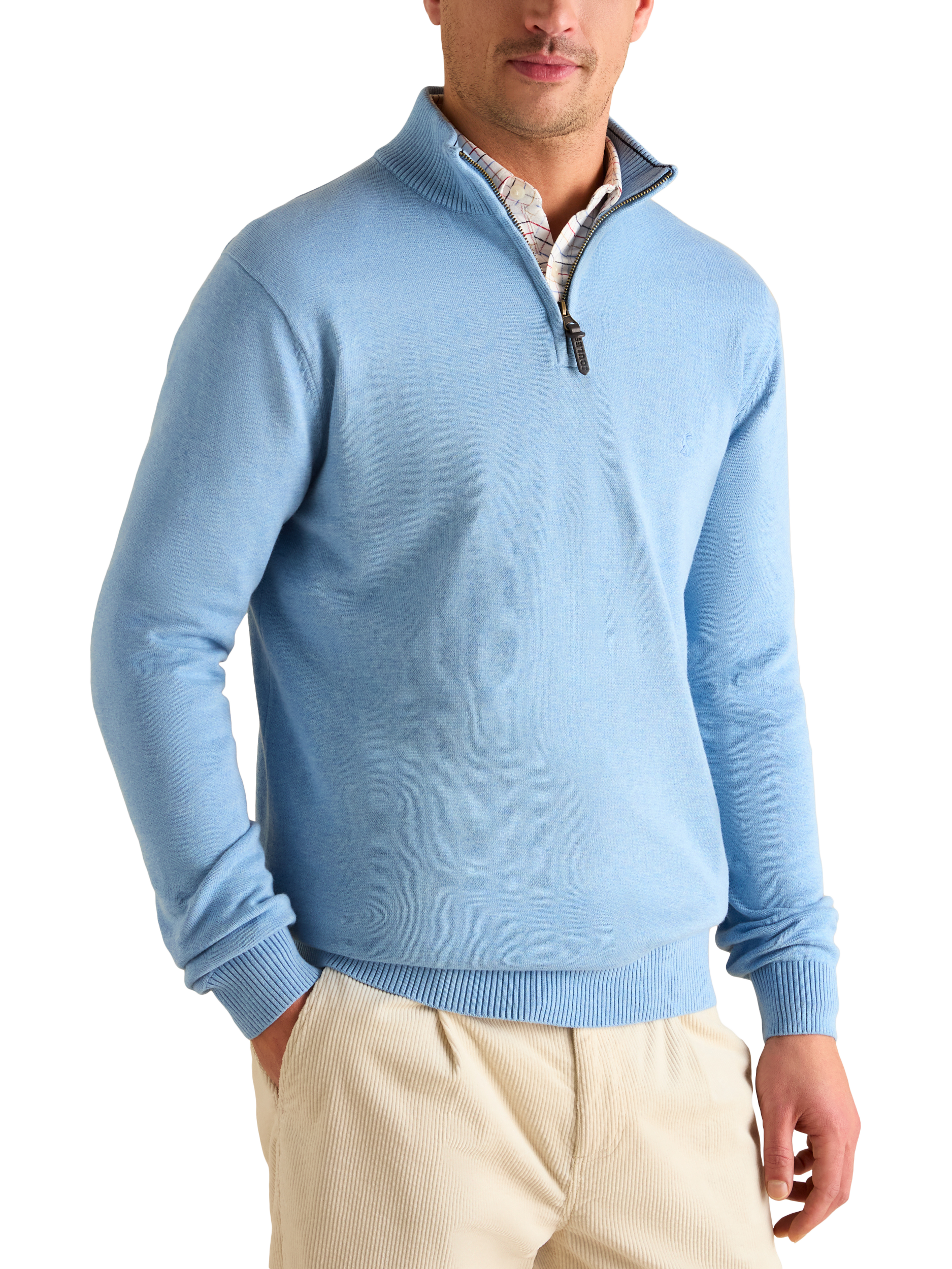 Product image 1 of 6, which shows Joules Hillside Cotton Quarter Zip Jumper , Blue, S Reg