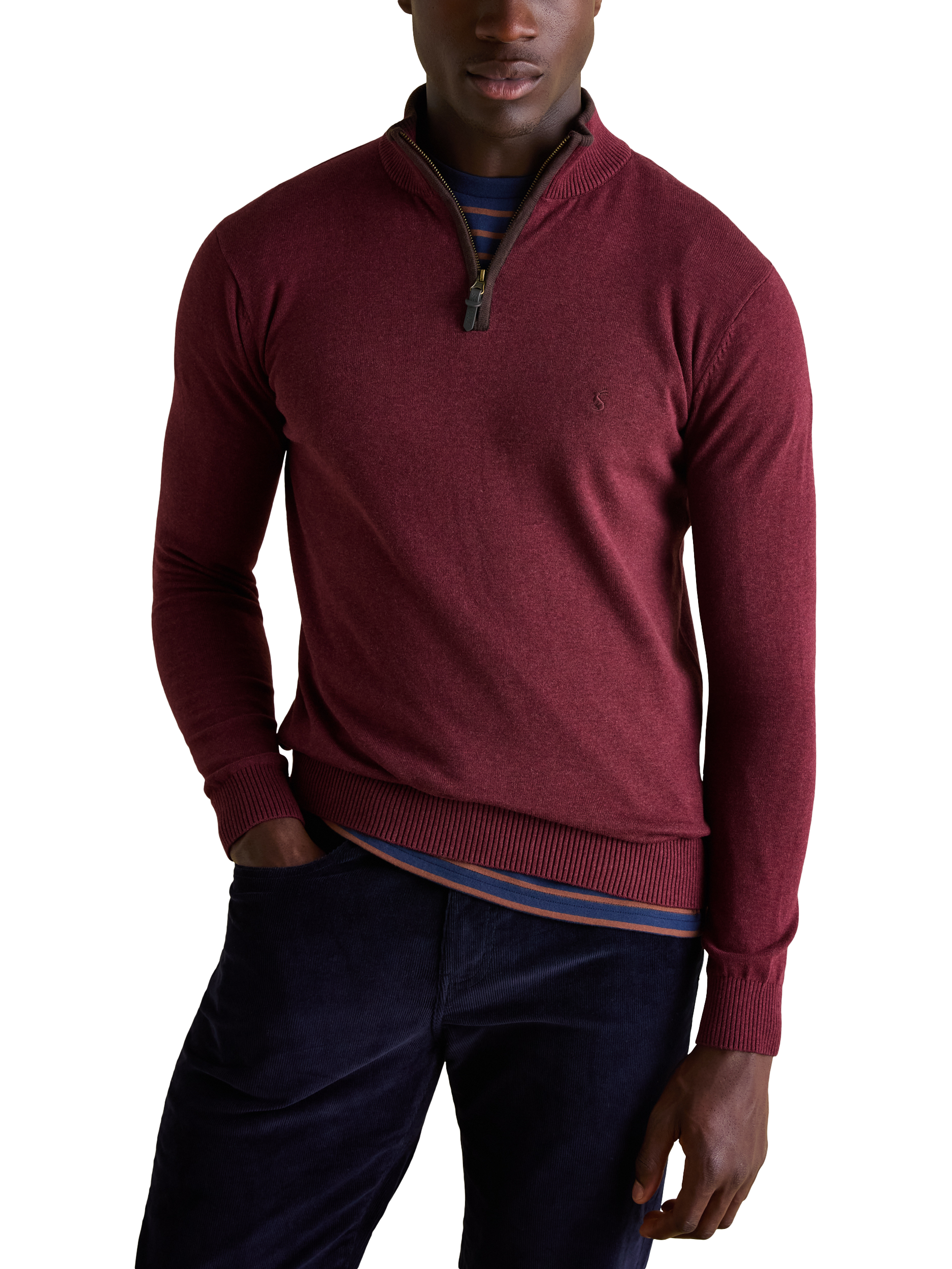 Product image 1 of 6, which shows Joules Hillside Cotton Quarter Zip Jumper , Dark Red, S Reg