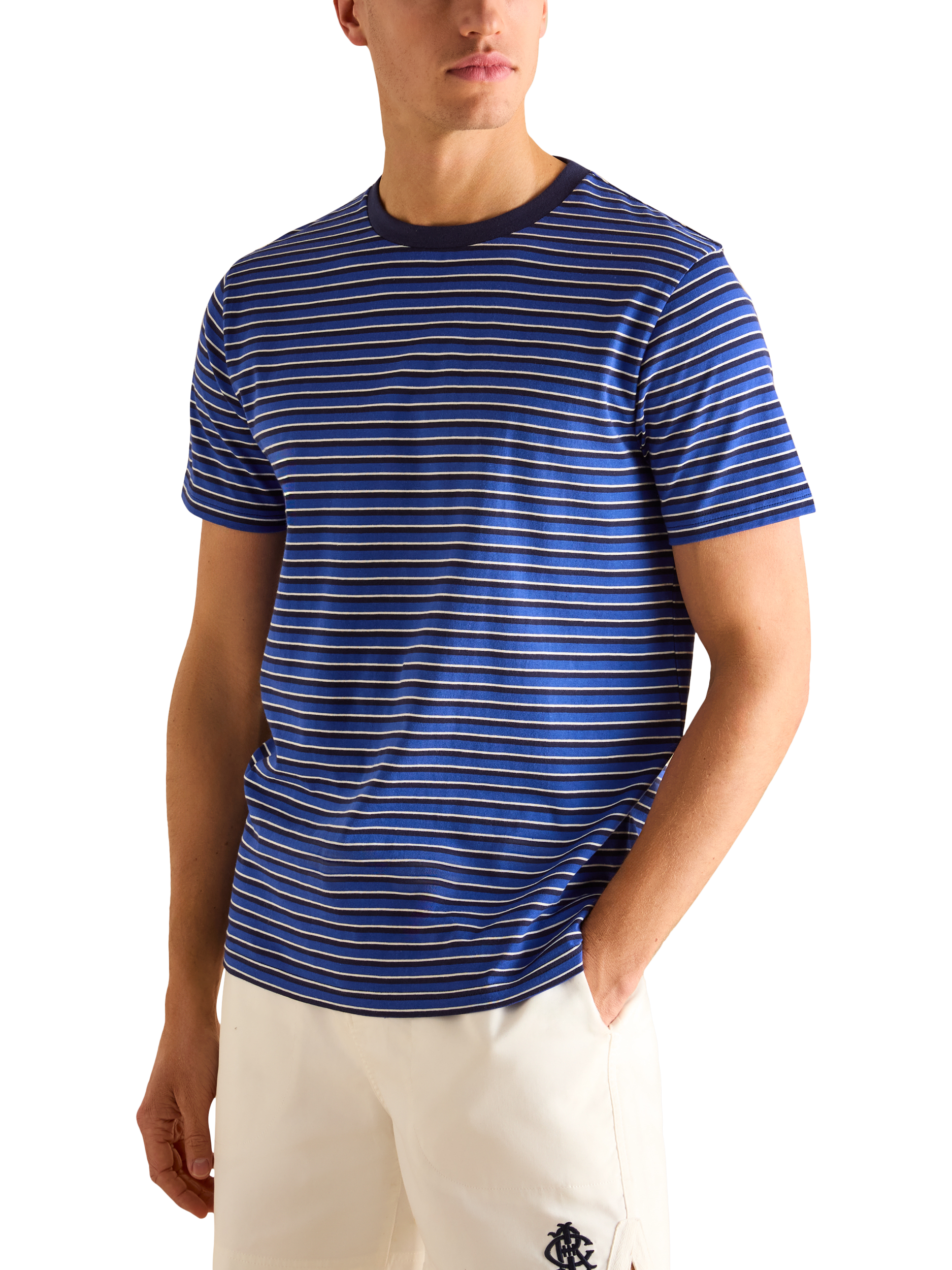 Product image 1 of 6, which shows Joules Cotton Regular Fit Short Sleeve Stripe T-Shirt, Blue/Multi, S Reg