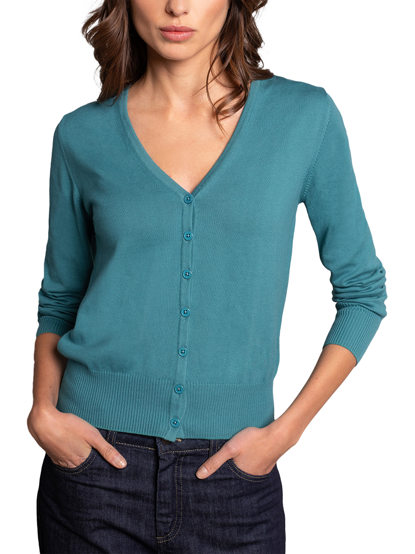 Product image 3 of 6, which shows Celtic & Co. Cosmo V-Neck Cardigan, Smokey Teal, XS