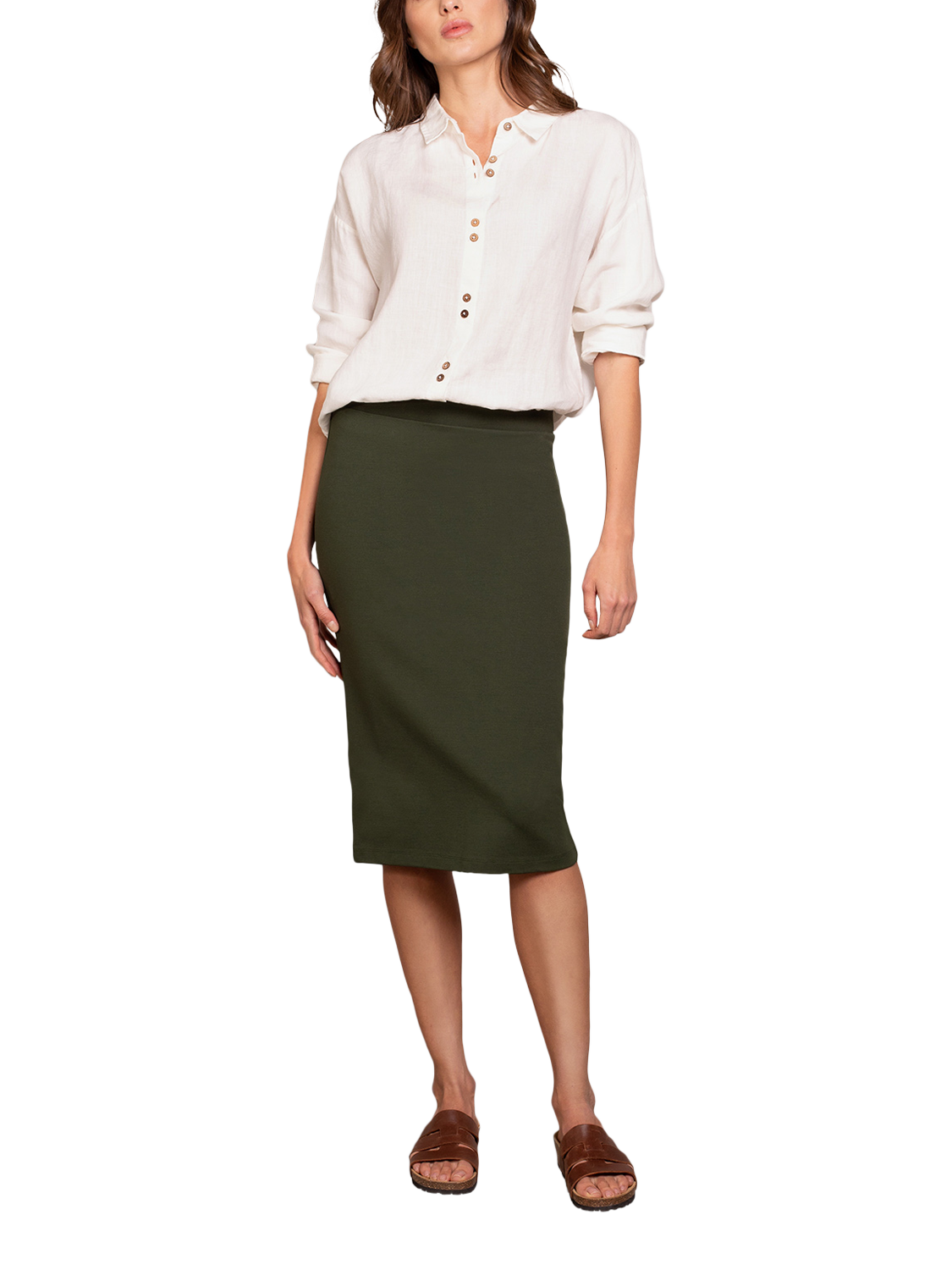 Product image 1 of 4, which shows Celtic & Co. Melanie Pencil Midi Skirt, Dark Olive, XS