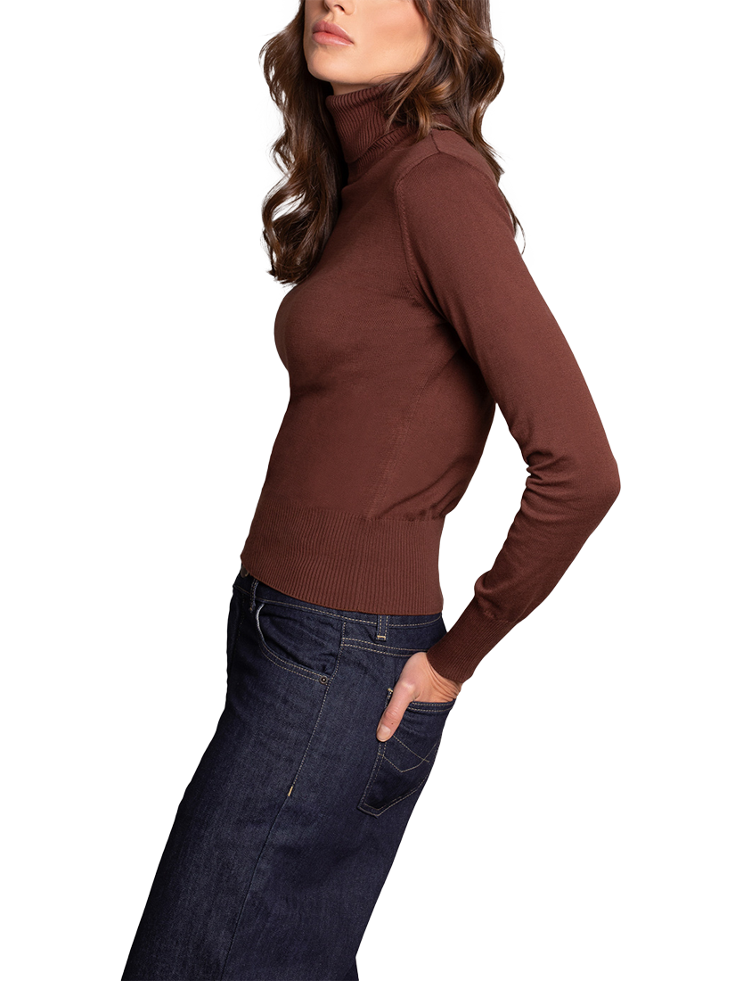 Product image 2 of 5, which shows Celtic & Co. Fine Knit Roll Neck Jumper, Chocolate, XS