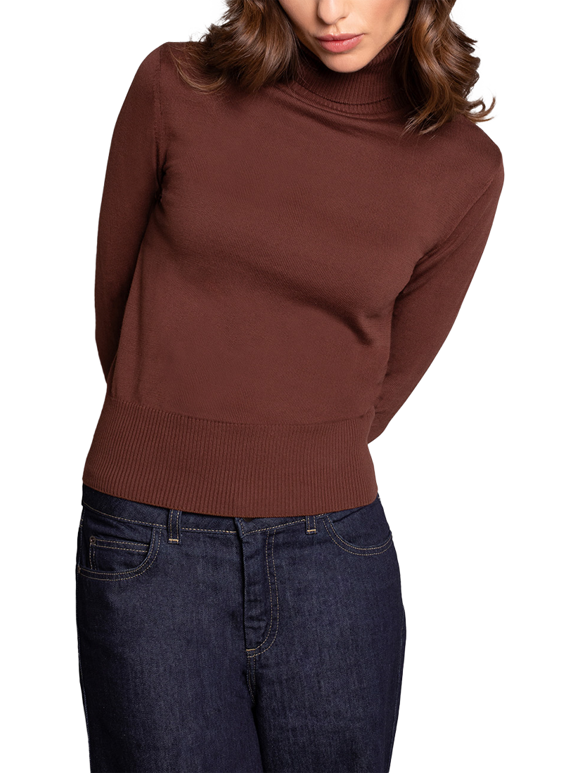 Product image 3 of 5, which shows Celtic & Co. Fine Knit Roll Neck Jumper, Chocolate, XS