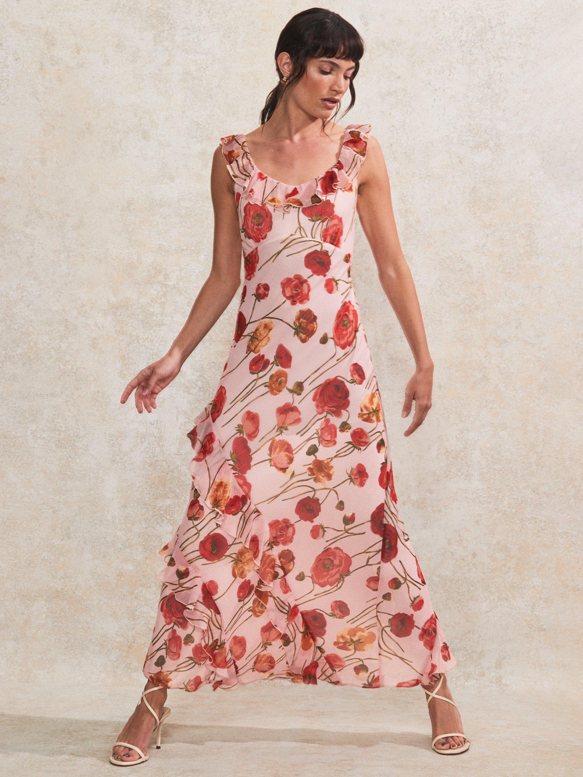 Product image 1 of 4, which shows Ro&Zo Rosie Poppy Frill Neck Dress, Pink/Multi, 6