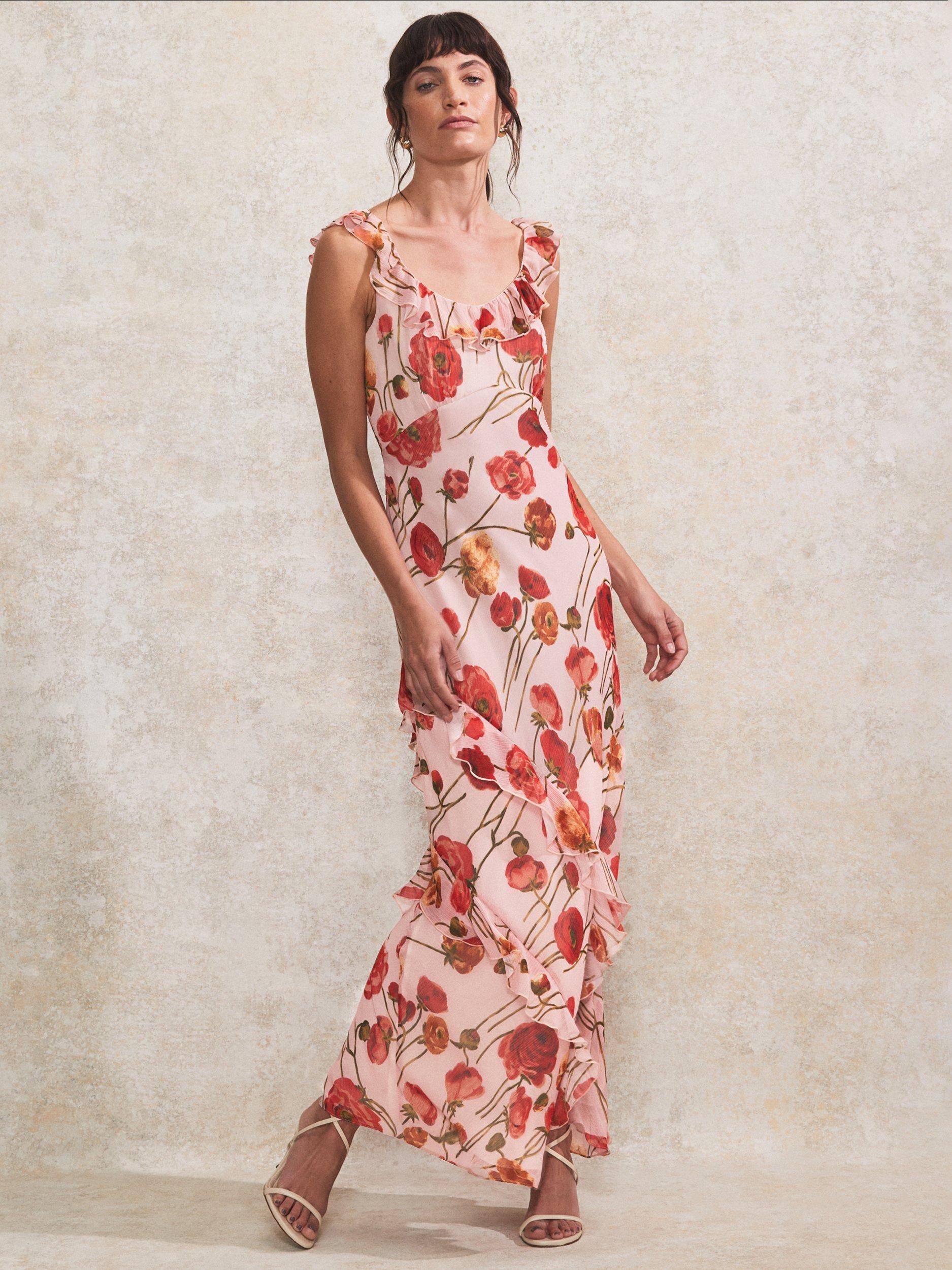 Product image 2 of 4, which shows Ro&Zo Rosie Poppy Frill Neck Dress, Pink/Multi, 6