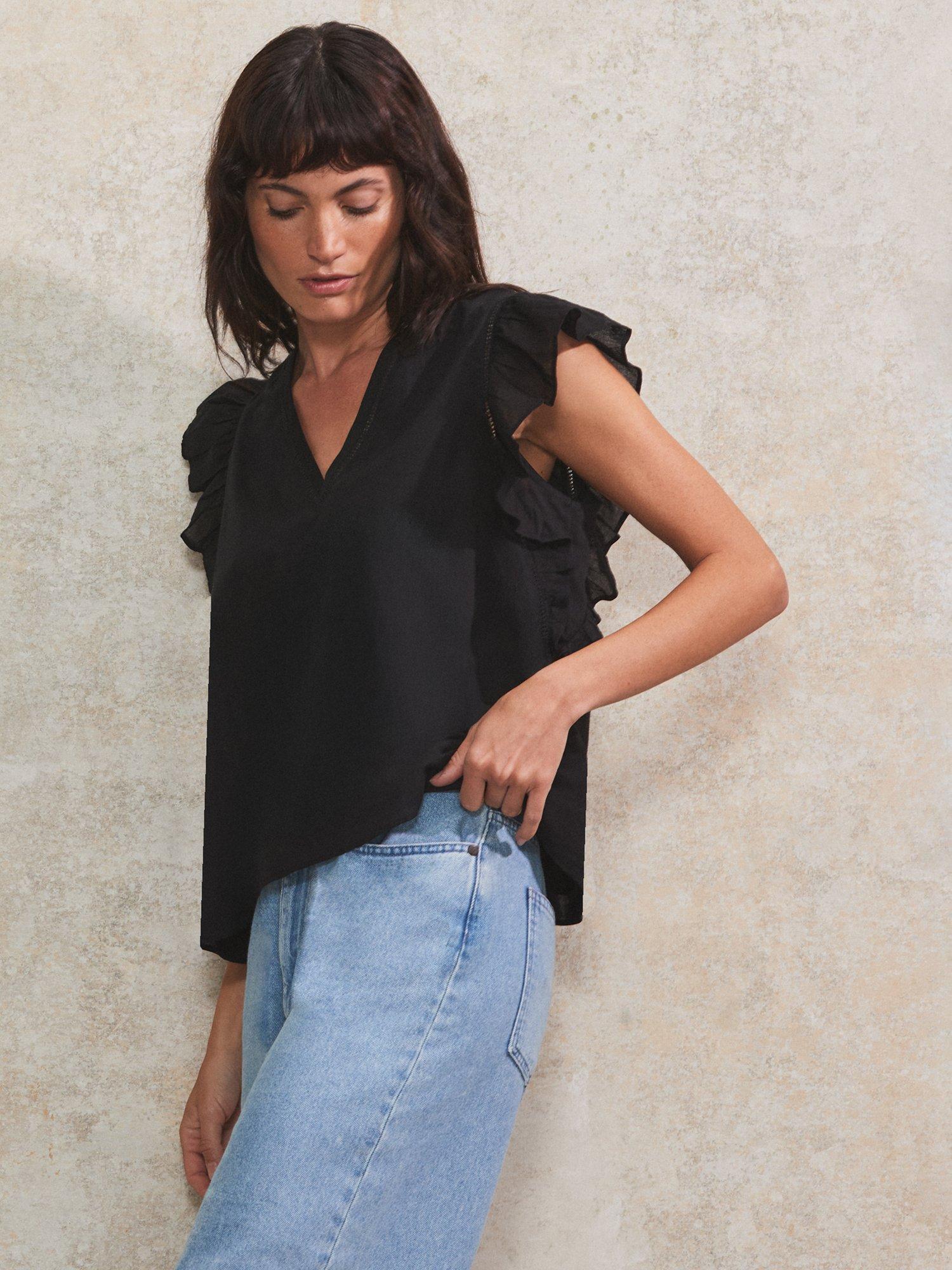 Product image 2 of 4, which shows Ro&Zo Cotton Frill Sleeve Top, Black, 6