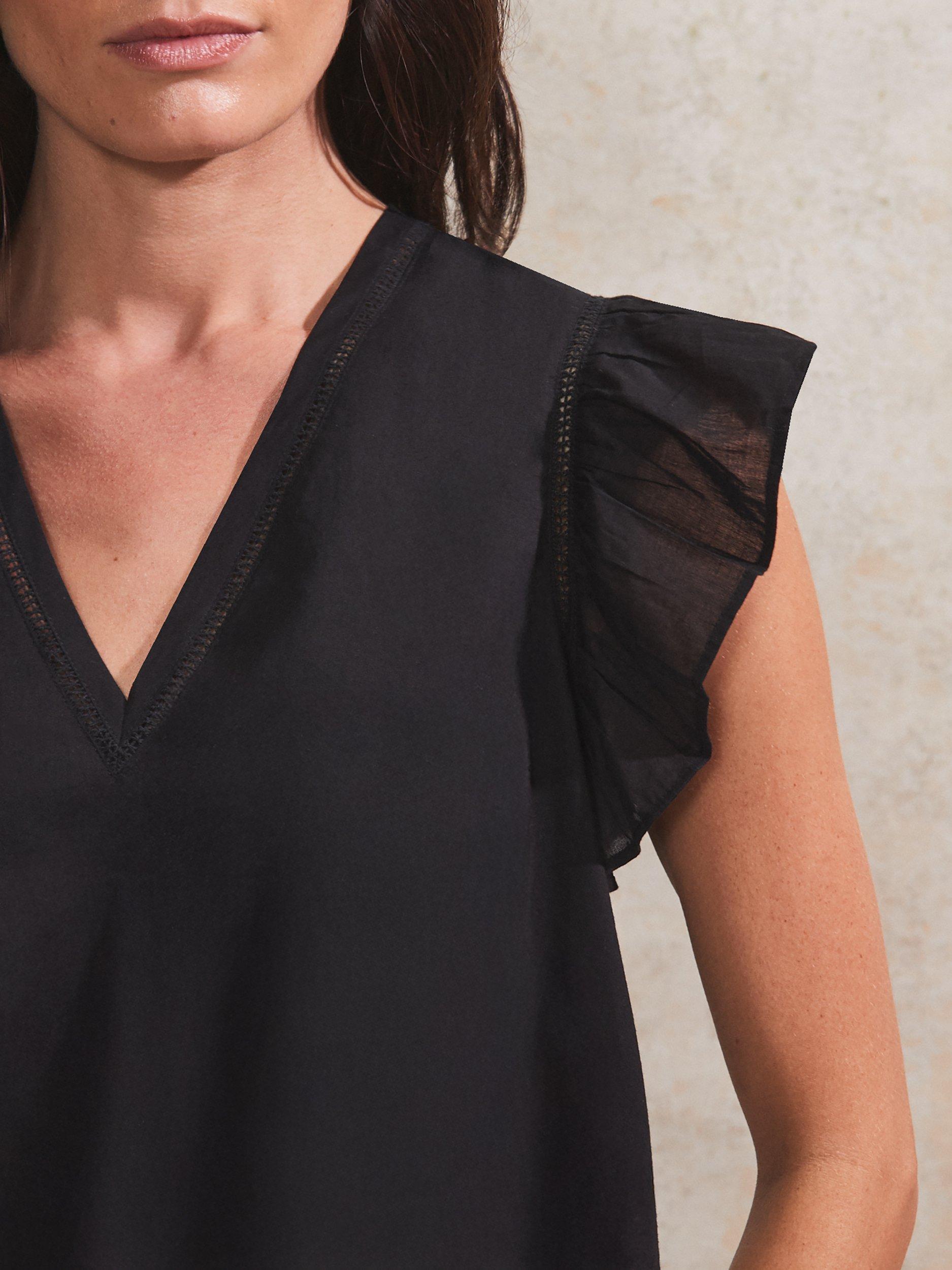 Product image 3 of 4, which shows Ro&Zo Cotton Frill Sleeve Top, Black, 6
