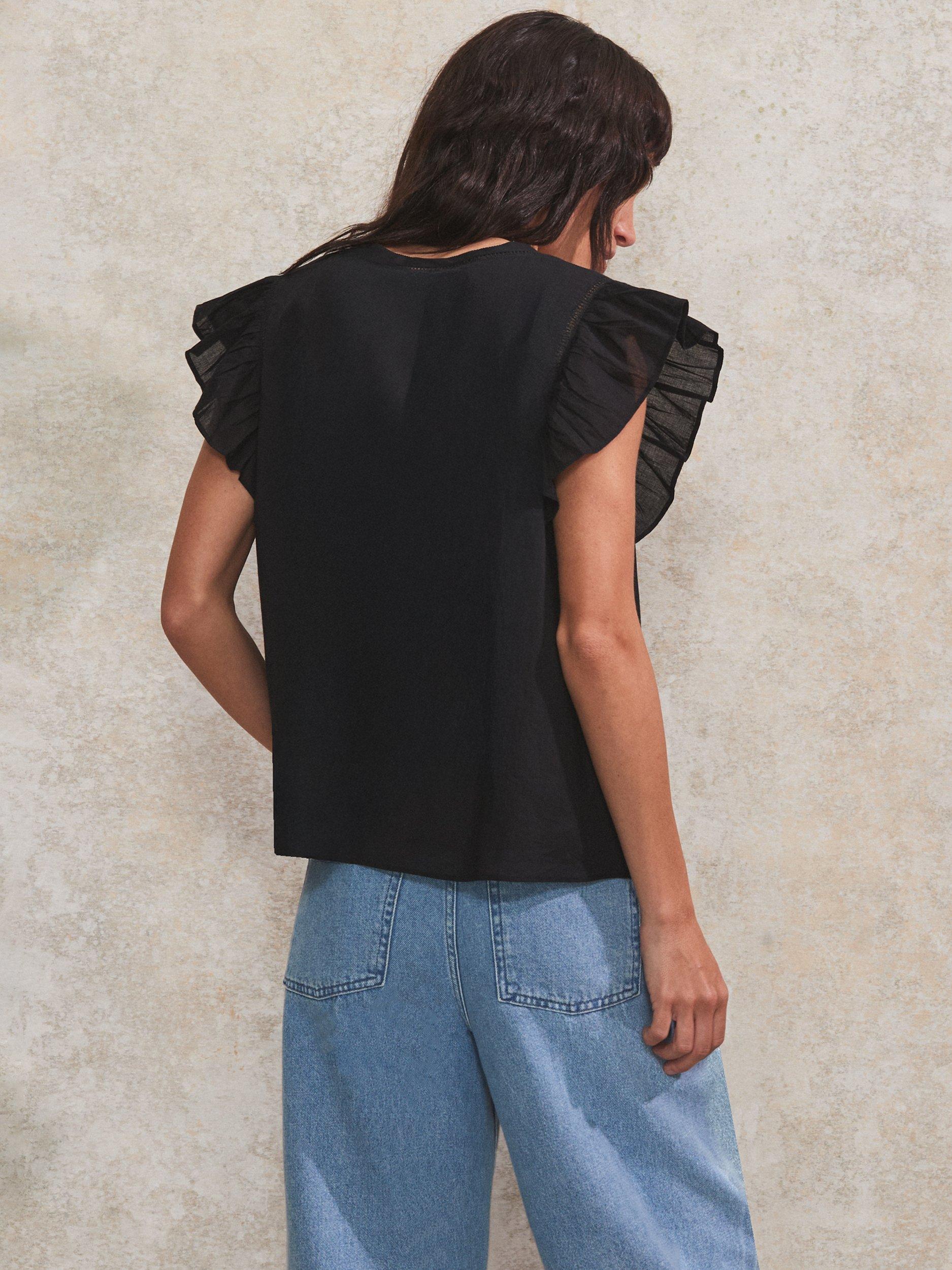 Product image 4 of 4, which shows Ro&Zo Cotton Frill Sleeve Top, Black, 6