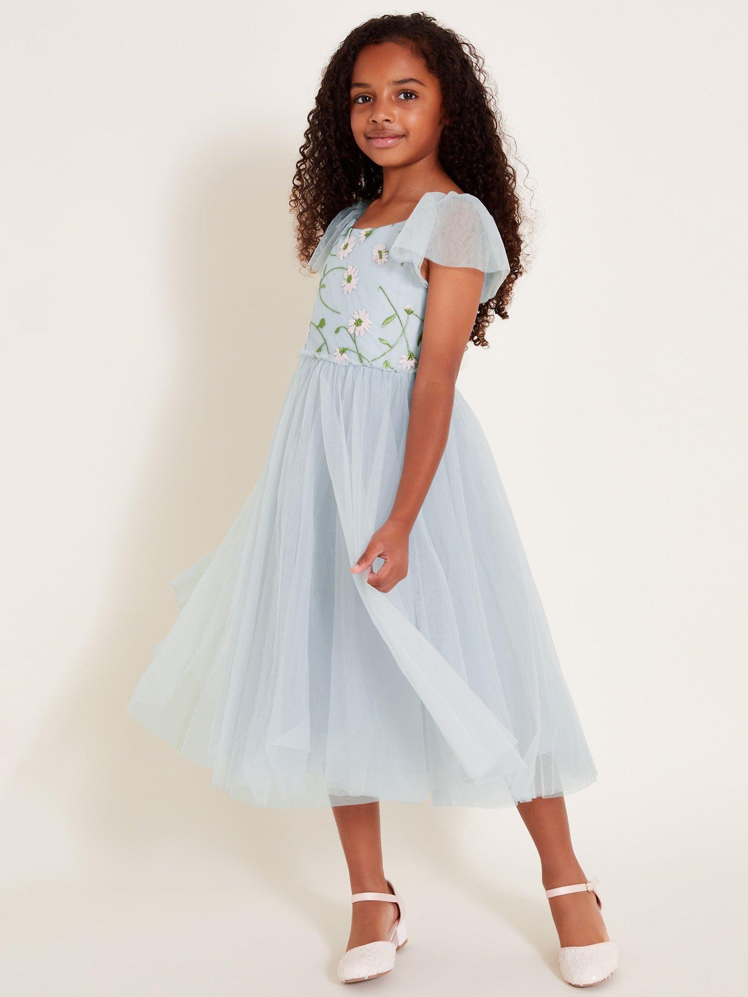 Product image 1 of 6, which shows Monsoon Kids' Matteo Embroidered Floral Dress, Blue, 3 years
