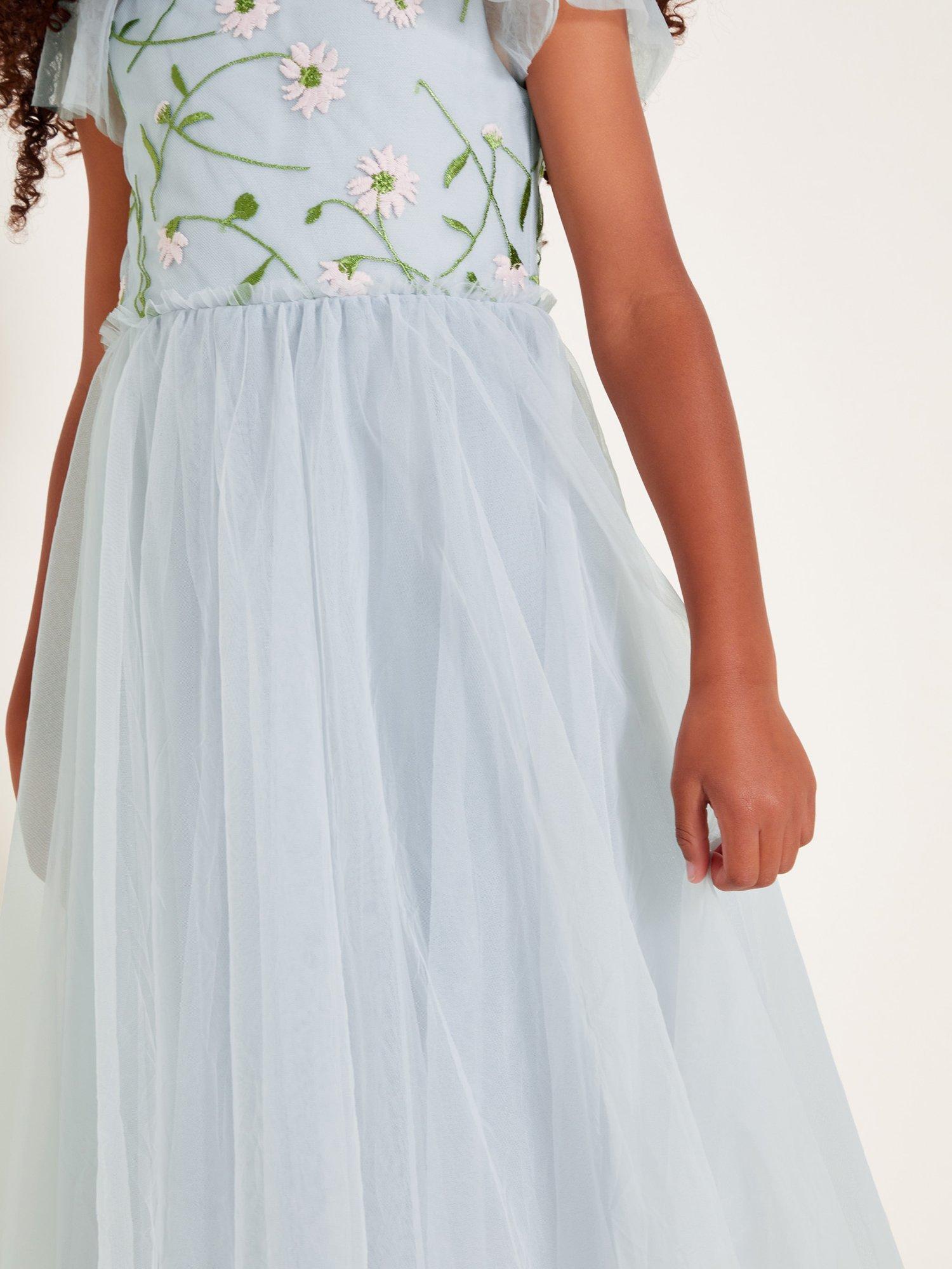 Product image 2 of 6, which shows Monsoon Kids' Matteo Embroidered Floral Dress, Blue, 3 years