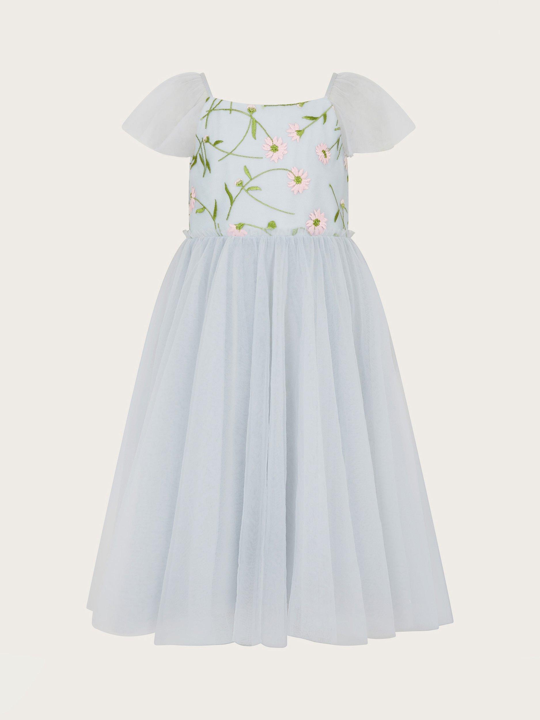 Product image 4 of 6, which shows Monsoon Kids' Matteo Embroidered Floral Dress, Blue, 3 years