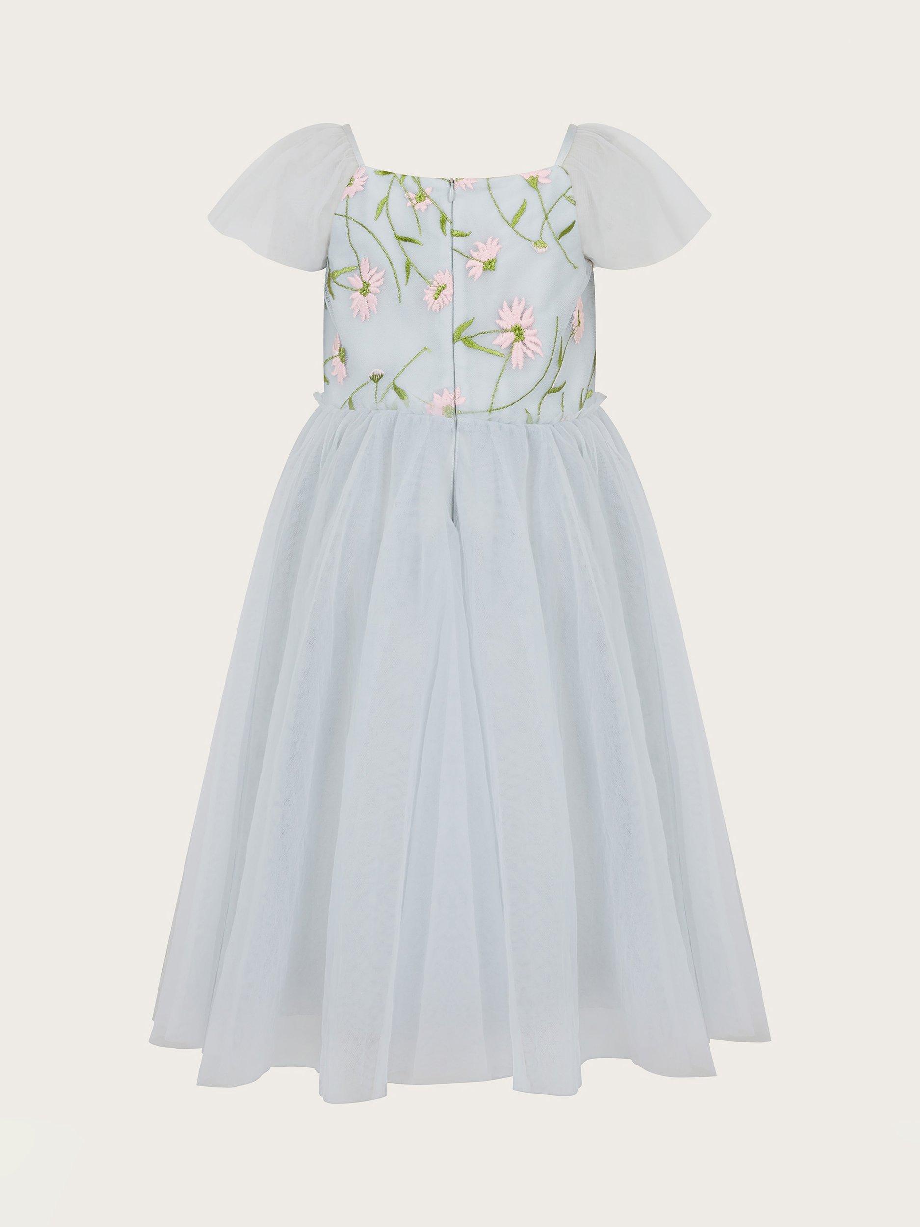 Product image 5 of 6, which shows Monsoon Kids' Matteo Embroidered Floral Dress, Blue, 3 years