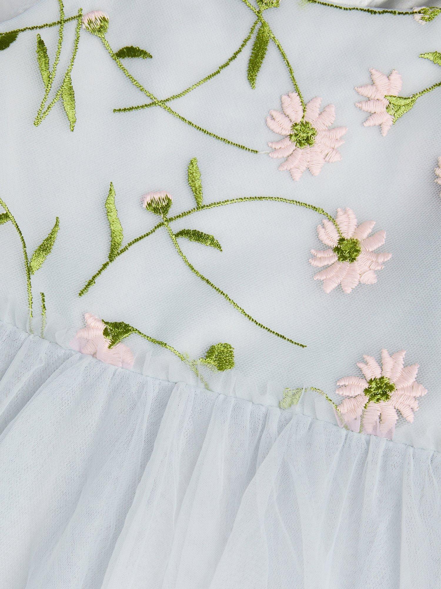 Product image 6 of 6, which shows Monsoon Kids' Matteo Embroidered Floral Dress, Blue, 3 years