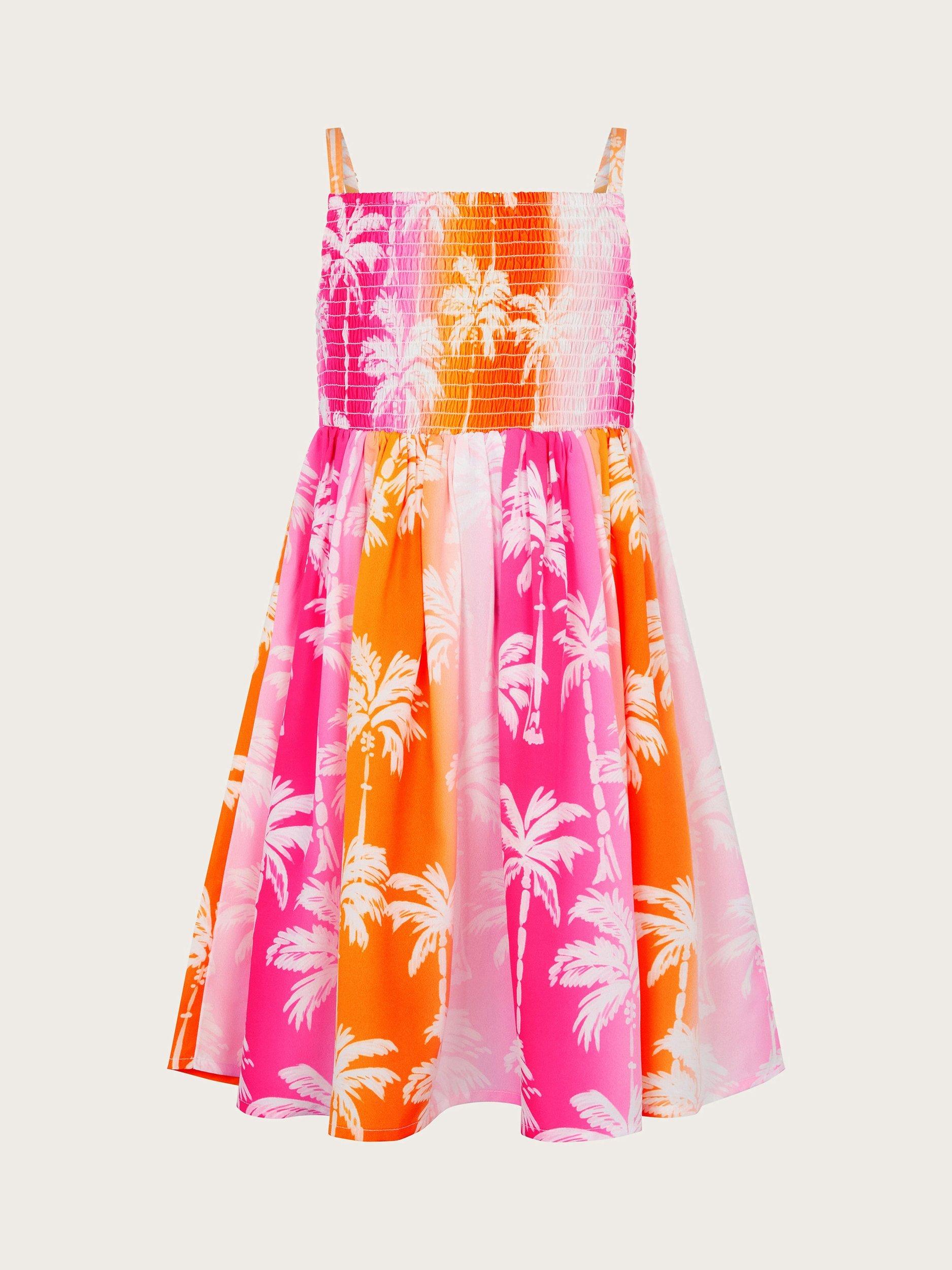 Product image 2 of 4, which shows Monsoon Kids' Palm Print Dress, Pink, 3-4 years