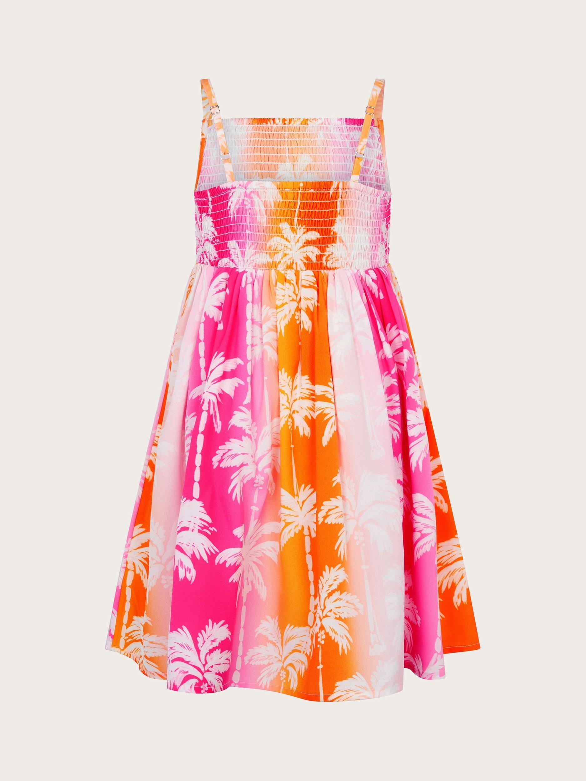 Product image 3 of 4, which shows Monsoon Kids' Palm Print Dress, Pink, 3-4 years