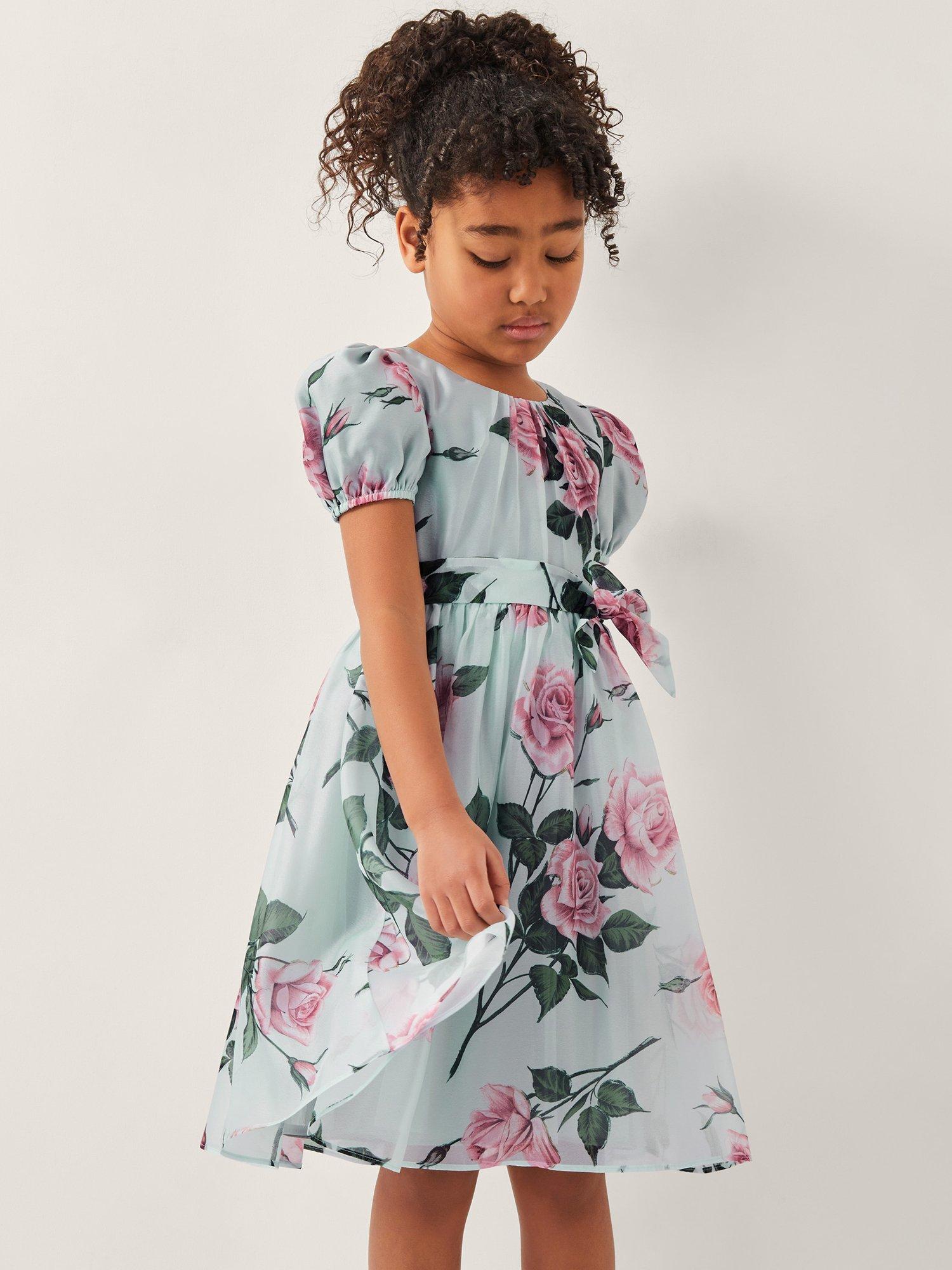 Product image 1 of 4, which shows Monsoon Kids' Rosaline Floral Print Puff Sleeve Dress, Sage, 14-15 years