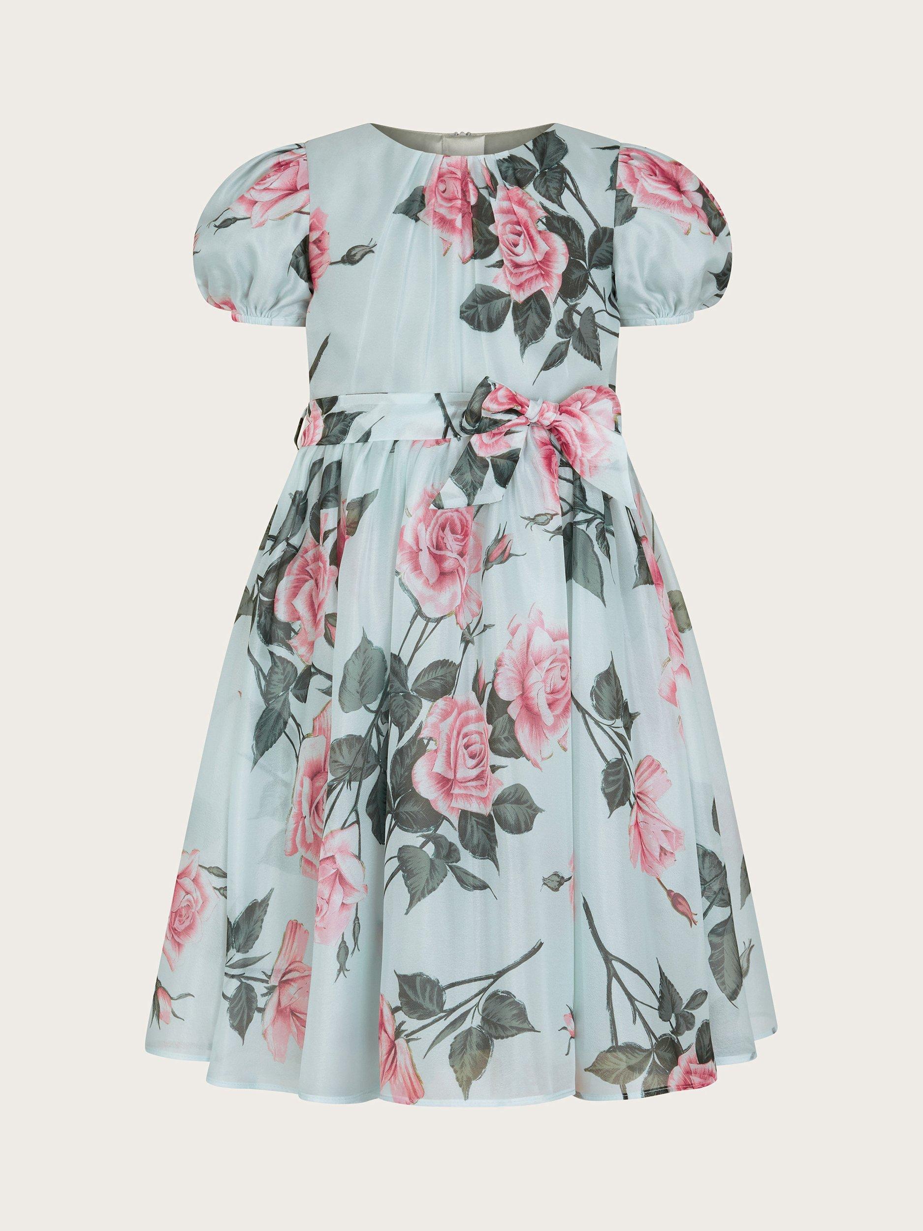 Product image 2 of 4, which shows Monsoon Kids' Rosaline Floral Print Puff Sleeve Dress, Sage, 14-15 years