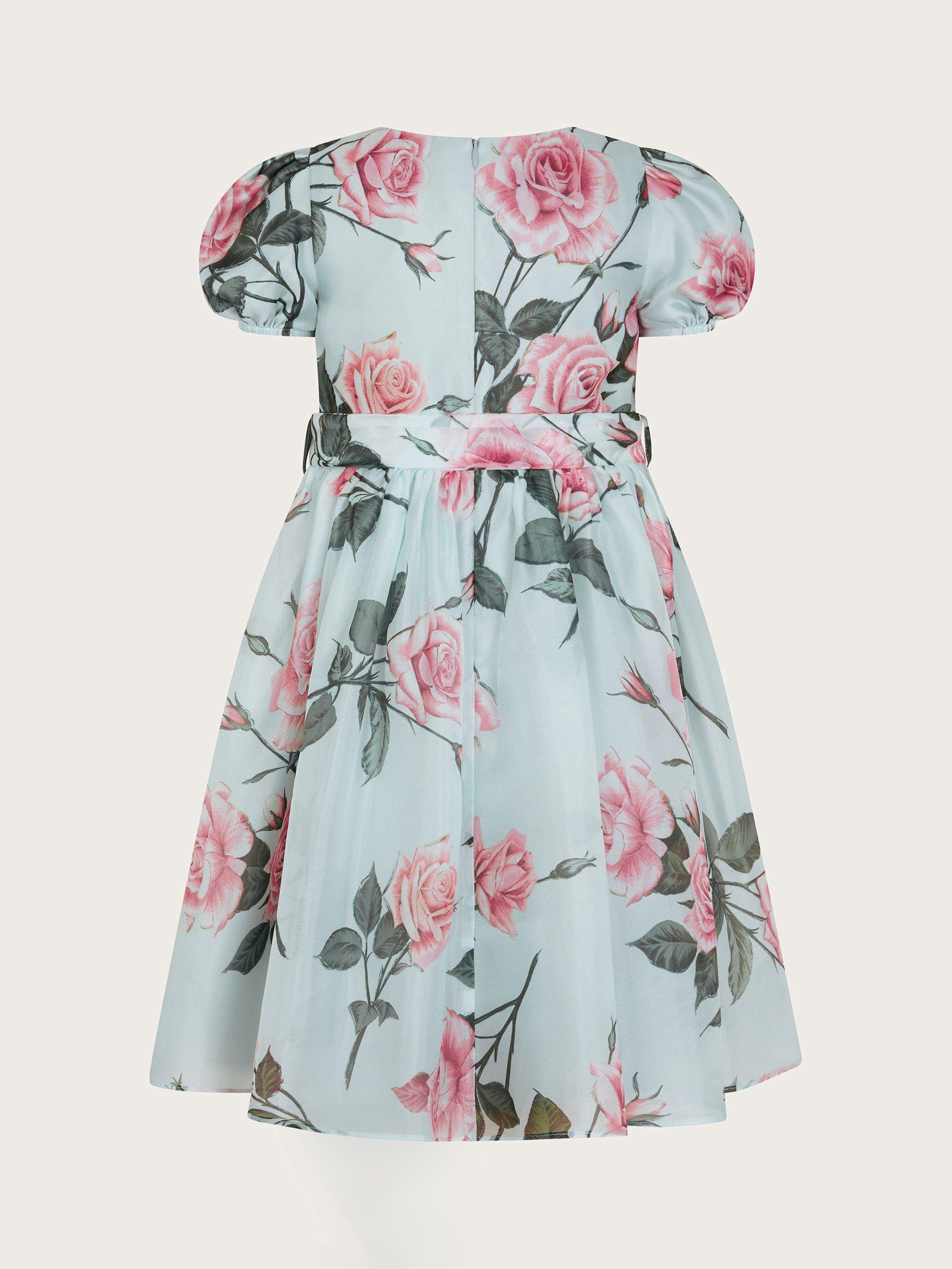 Product image 3 of 4, which shows Monsoon Kids' Rosaline Floral Print Puff Sleeve Dress, Sage, 14-15 years