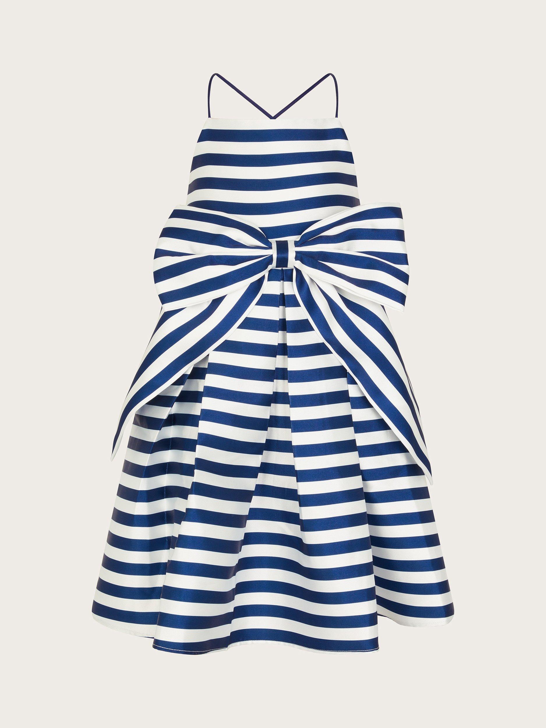 Product image 1 of 3, which shows Monsoon Kids' Stripe Bow Dress, Blue, 10 years