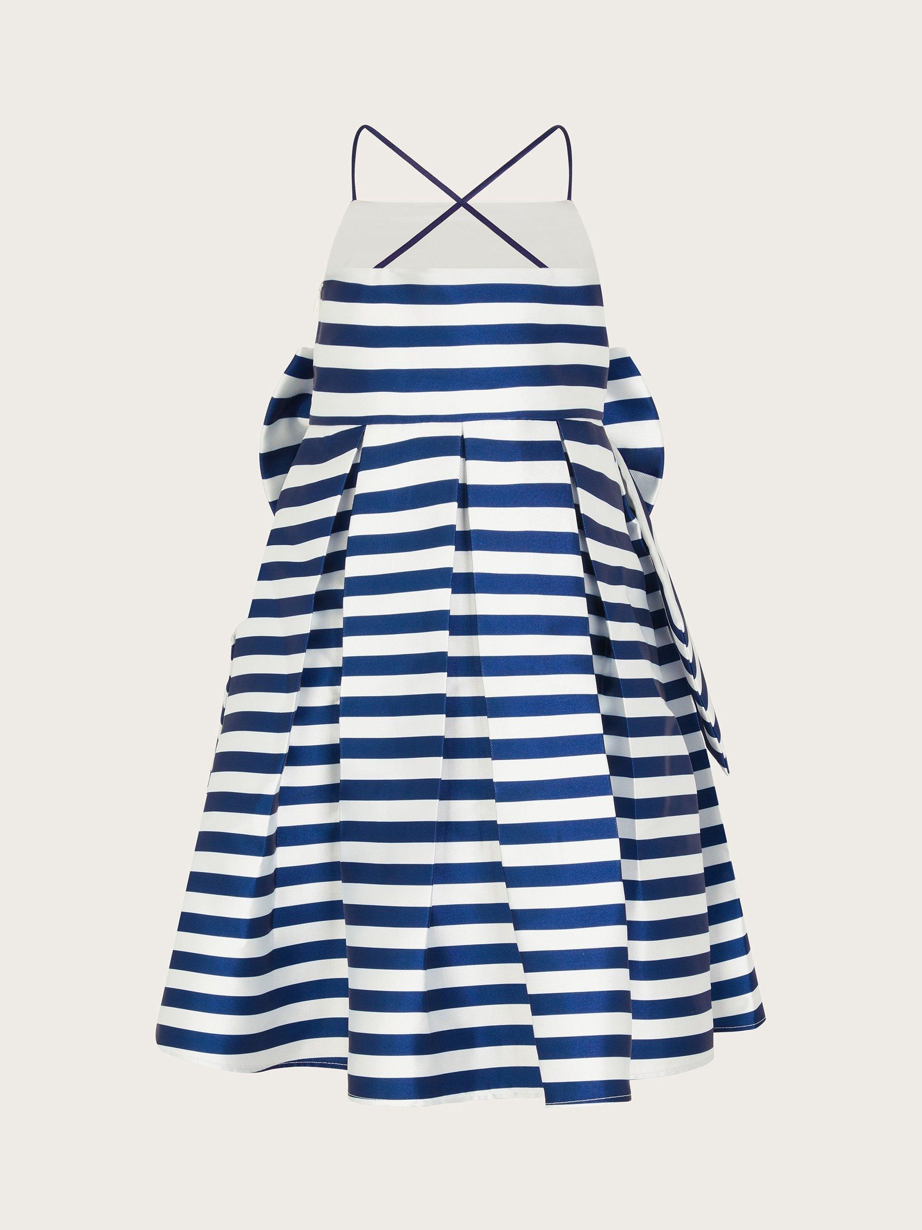 Product image 2 of 3, which shows Monsoon Kids' Stripe Bow Dress, Blue, 10 years