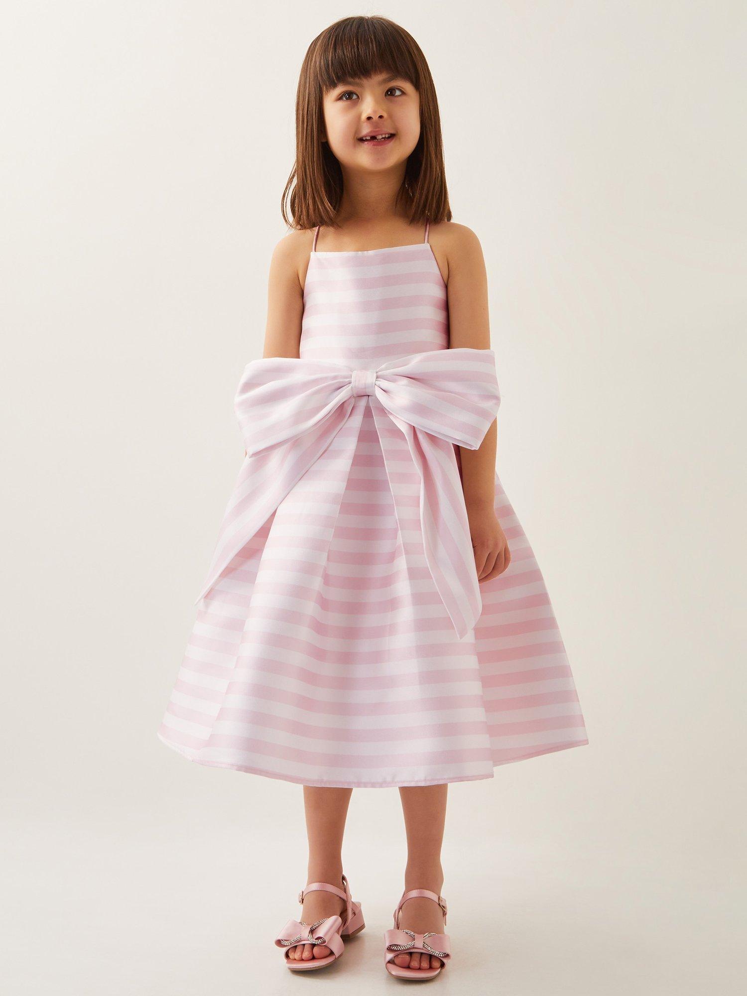 Product image 1 of 4, which shows Monsoon Kids' Stripe Bow Dress, Pink, 3 years