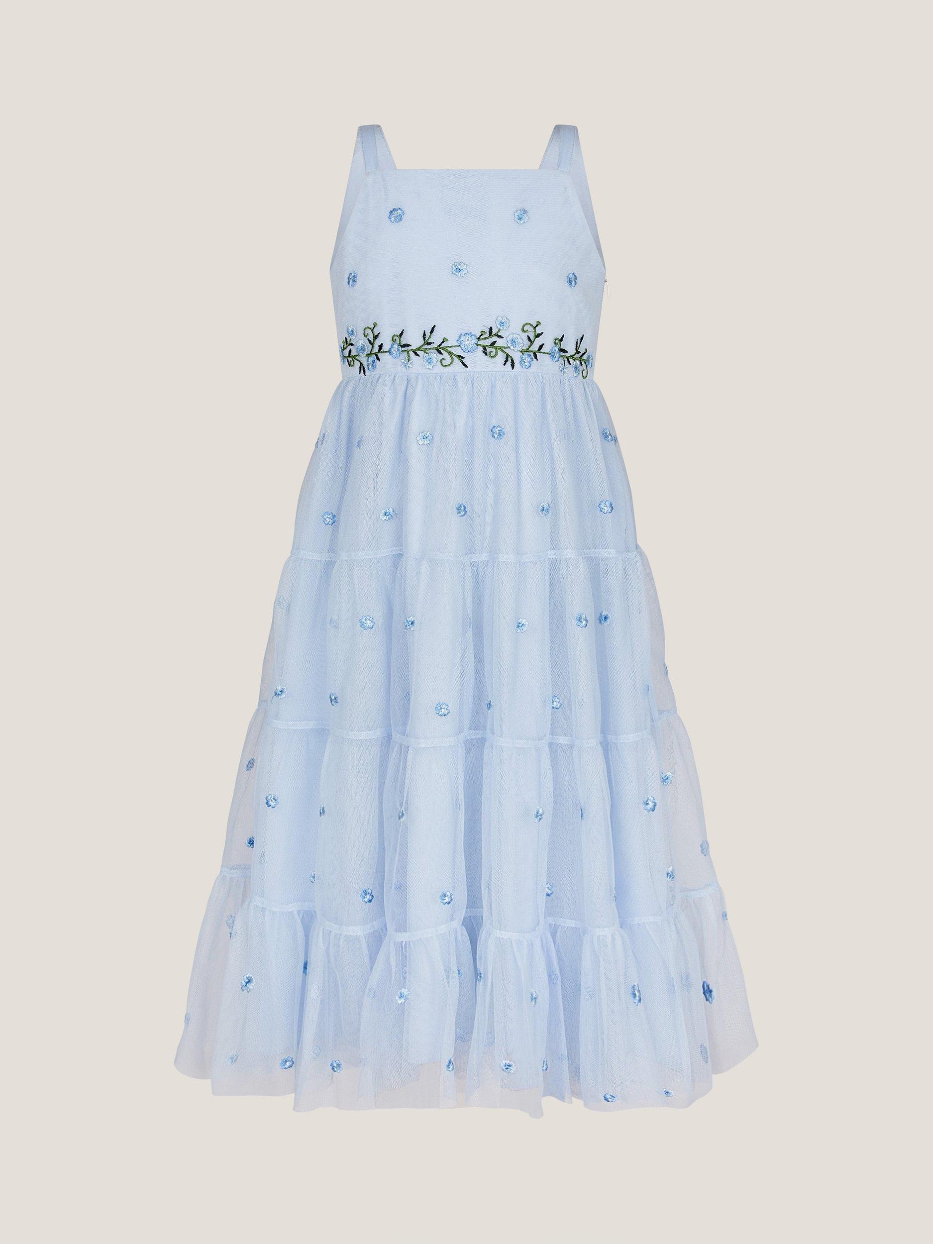 Product image 2 of 5, which shows Monsoon Kids' Thea Floral Embroidered Tiered Dress, Blue, 3 years
