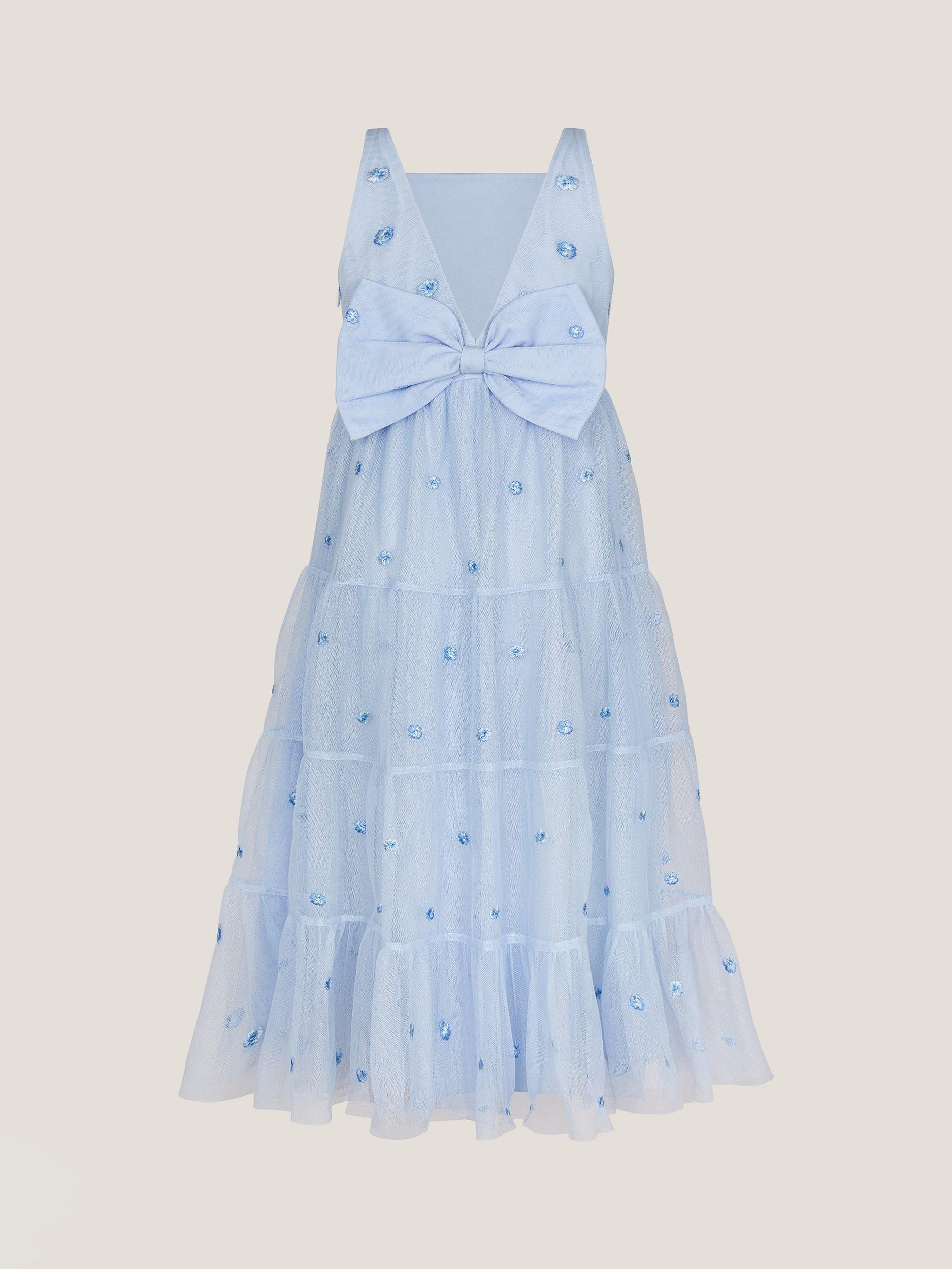 Product image 3 of 5, which shows Monsoon Kids' Thea Floral Embroidered Tiered Dress, Blue, 3 years